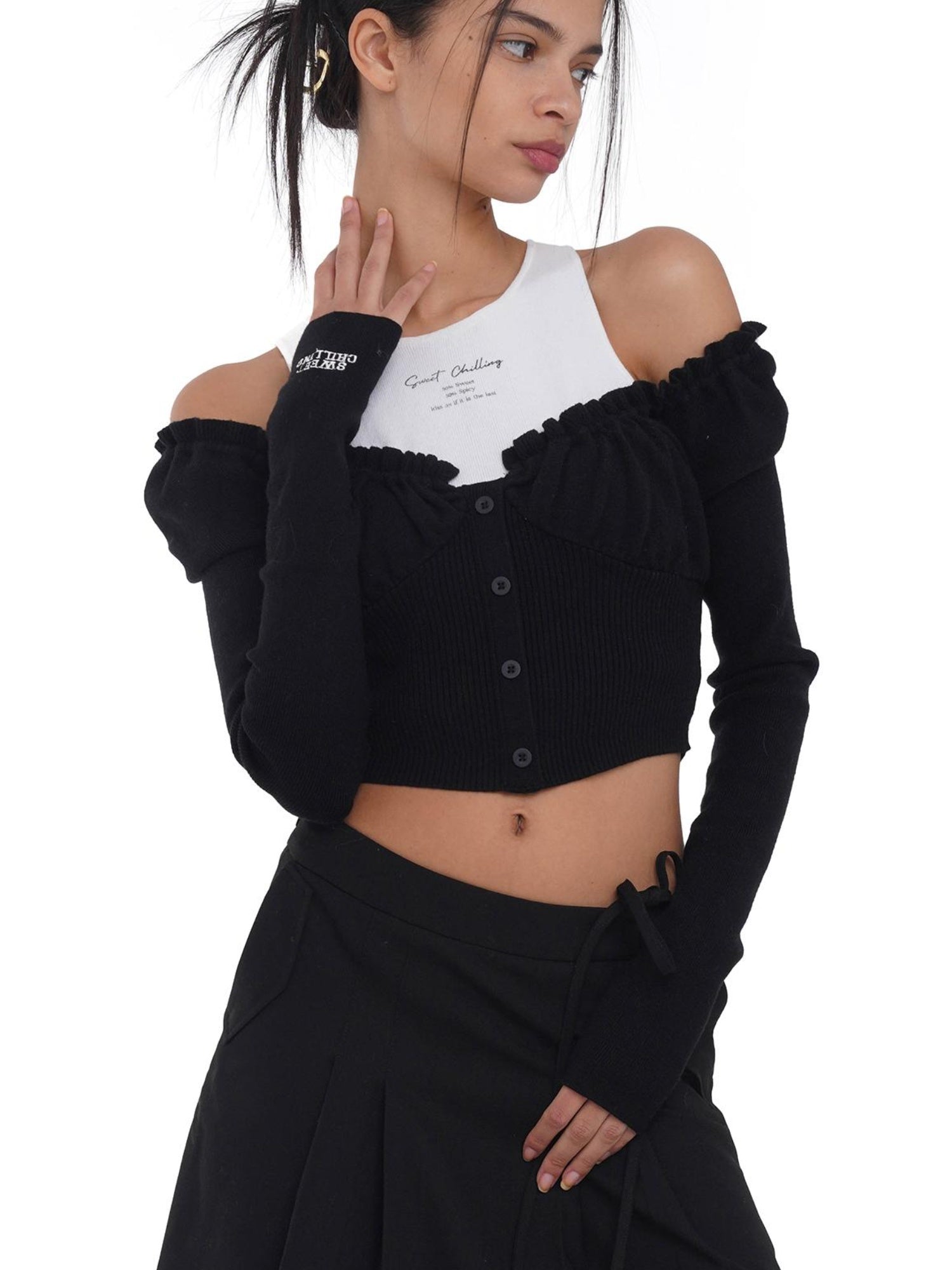 SweetChilling Off Shoulder Puff Sleeve Knit Top & Vest Set Women Sweaters