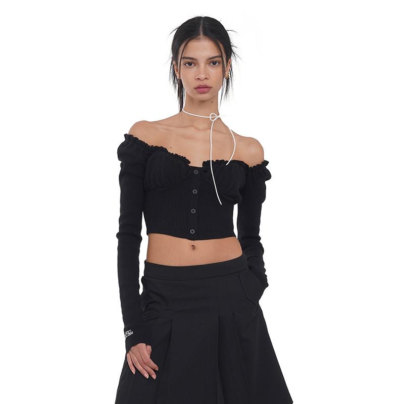 SweetChilling Off Shoulder Puff Sleeve Knit Top & Vest Set Women Sweaters
