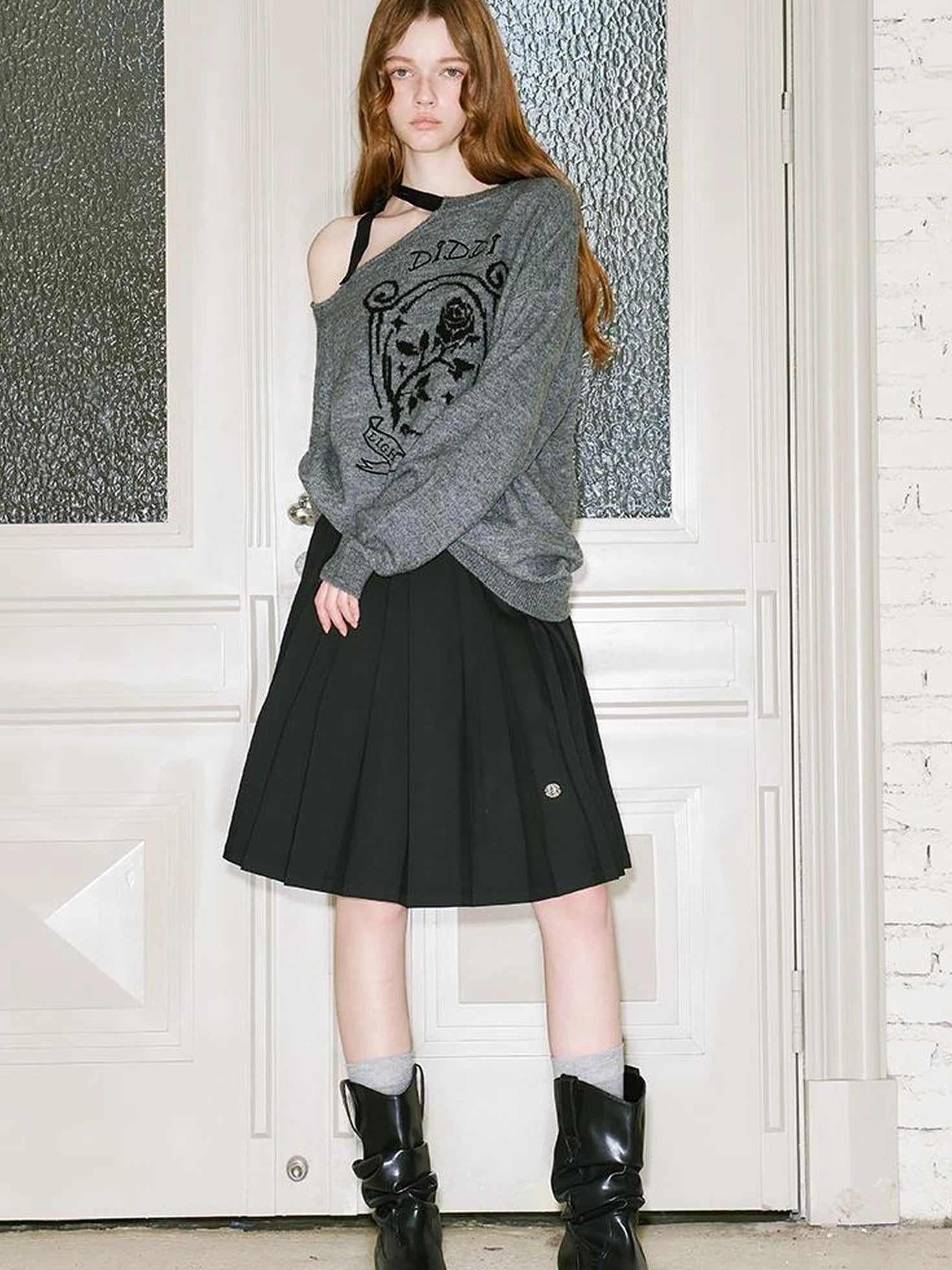 Off Shoulder Rose Jacquard Knit Top With Bow Tie