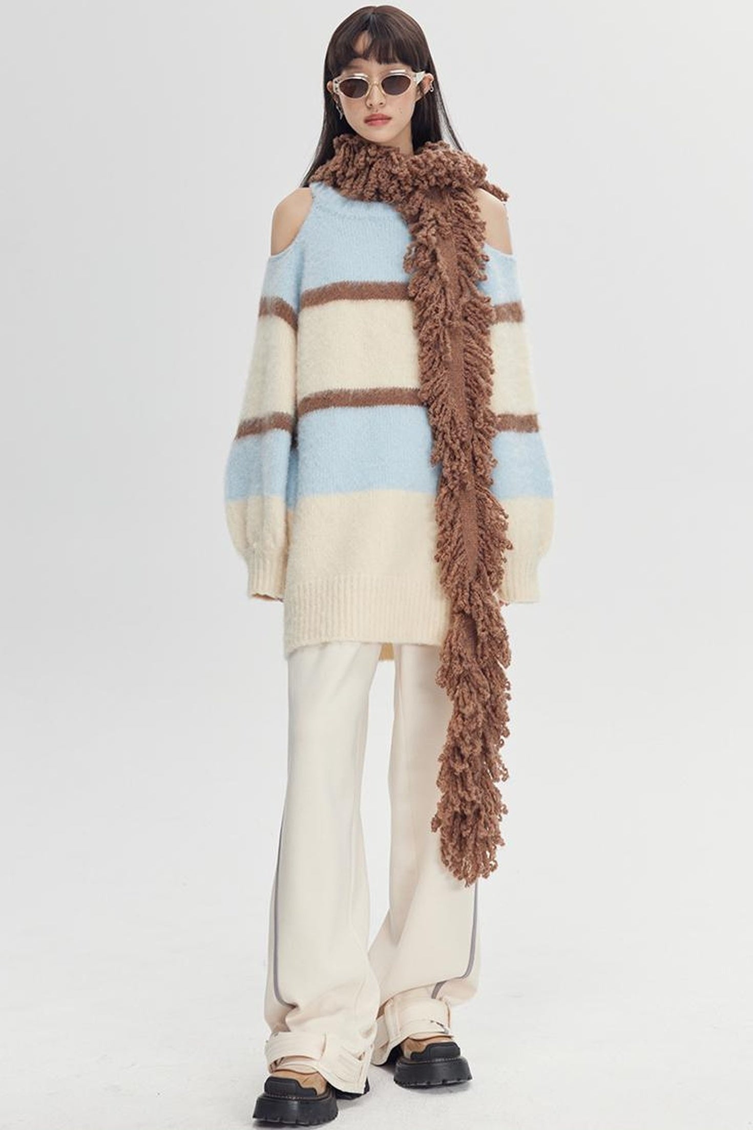 DIDDI MODA Off Shoulder V Neck Striped Knit Sweater