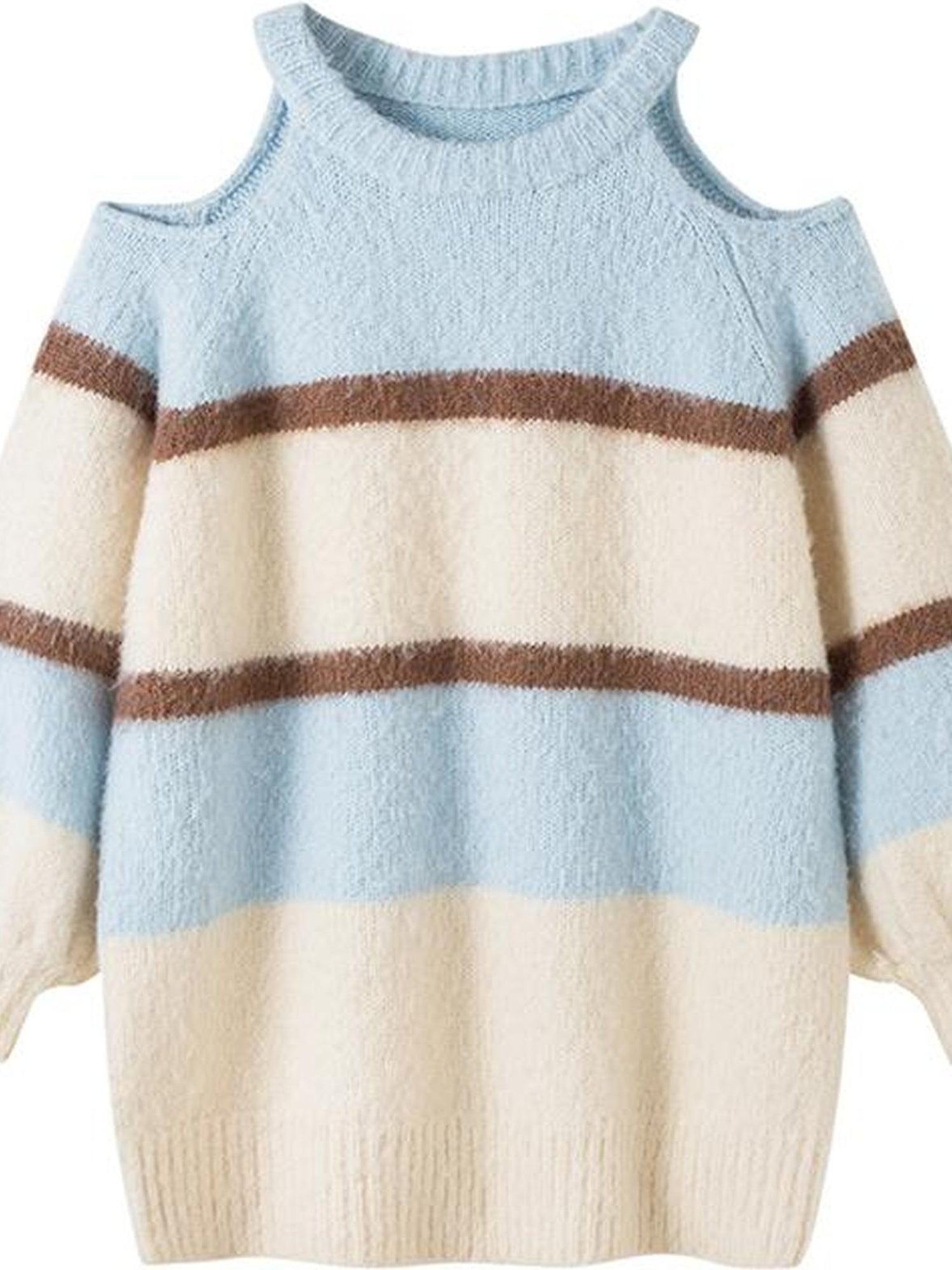 DIDDI MODA Off Shoulder V Neck Striped Knit Sweater