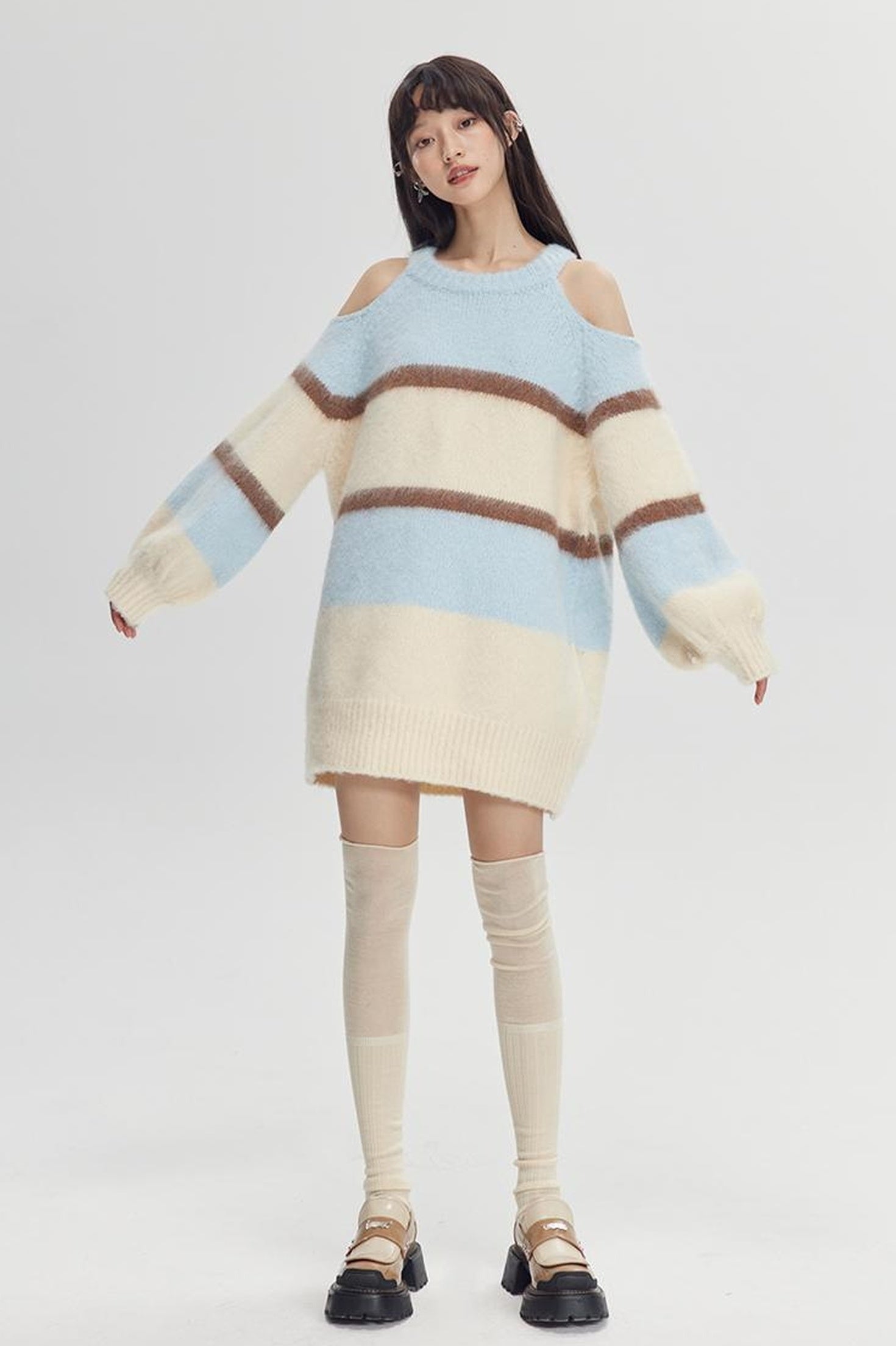 DIDDI MODA Off Shoulder V Neck Striped Knit Sweater