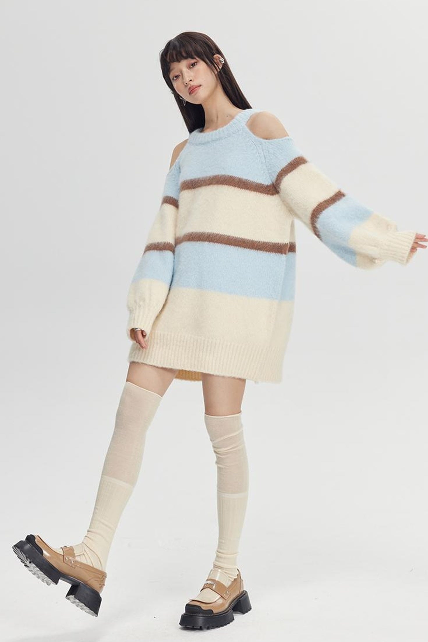 DIDDI MODA Off Shoulder V Neck Striped Knit Sweater