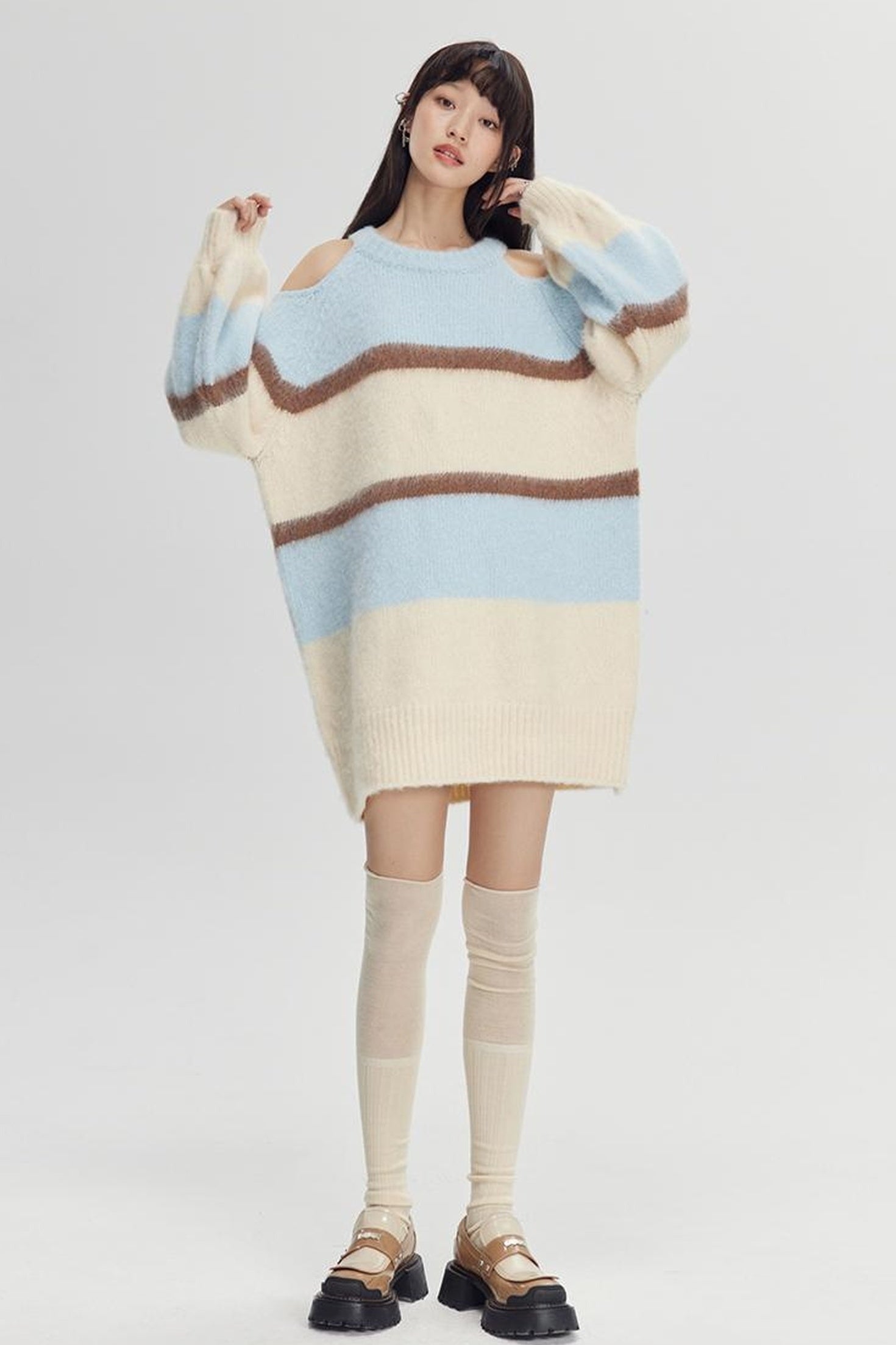 DIDDI MODA Off Shoulder V Neck Striped Knit Sweater