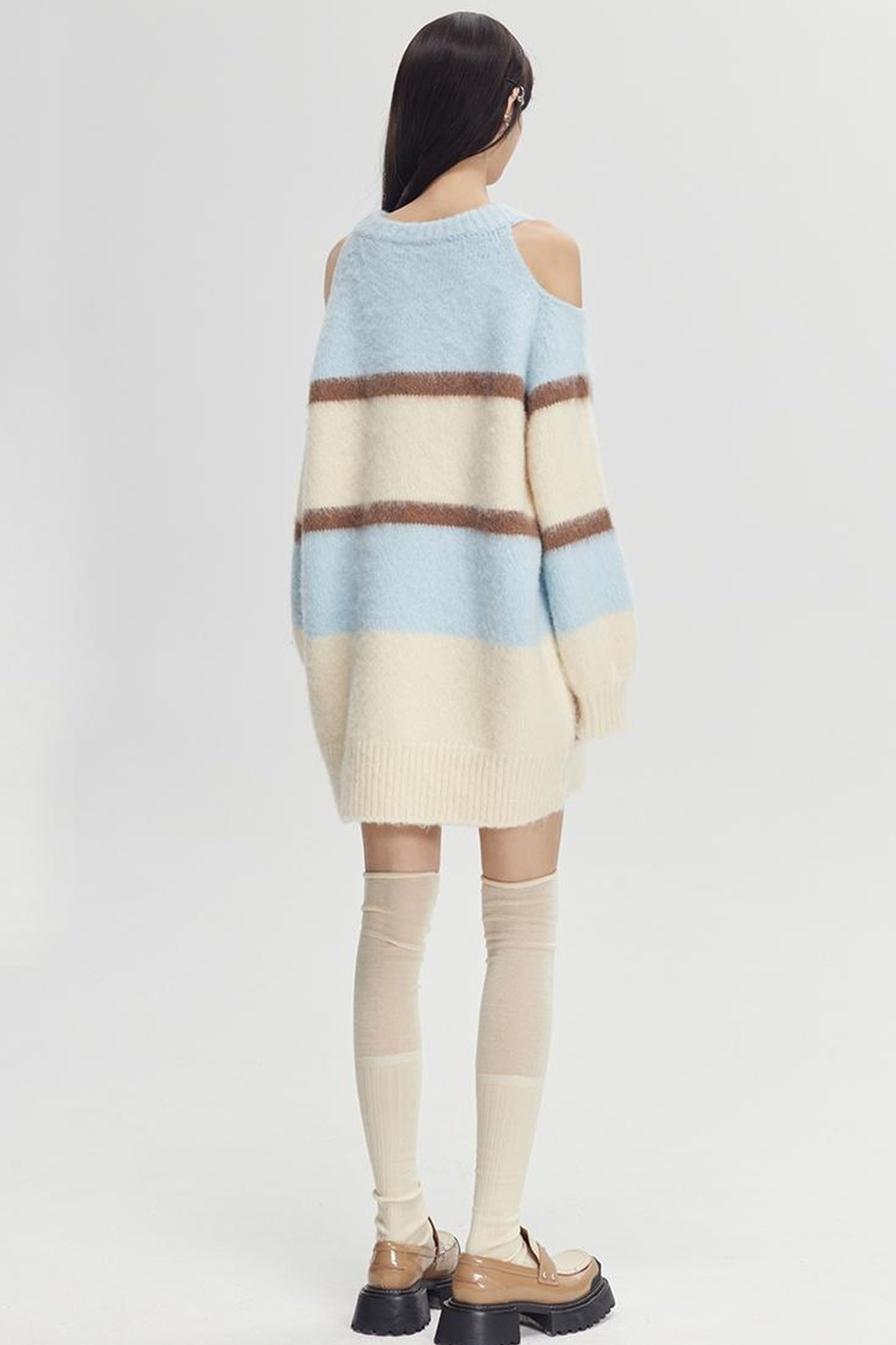 DIDDI MODA Off Shoulder V Neck Striped Knit Sweater
