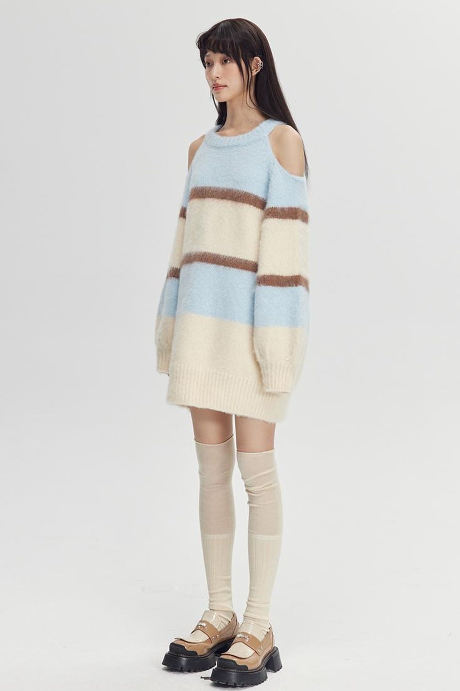DIDDI MODA Off Shoulder V Neck Striped Knit Sweater