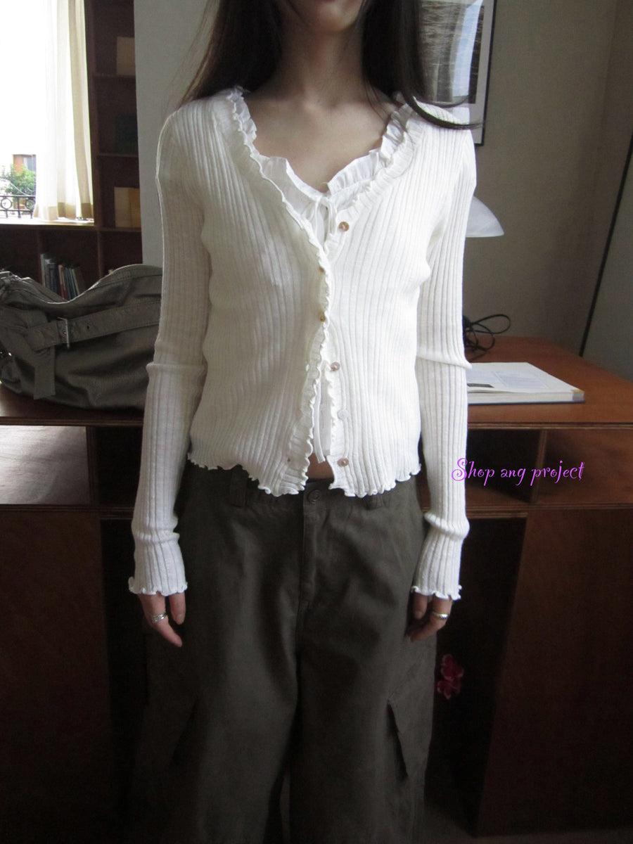 ang project Summer Lightweight Lace Trim V-Neck Knit Cardigan