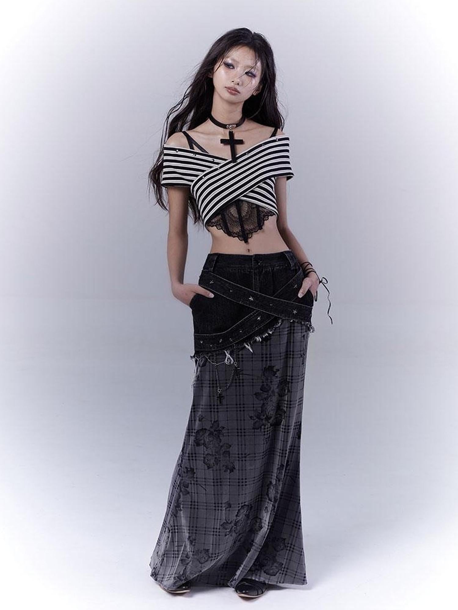 WSW WUSHENWU One Shoulder Grid Bandage Stripe Top