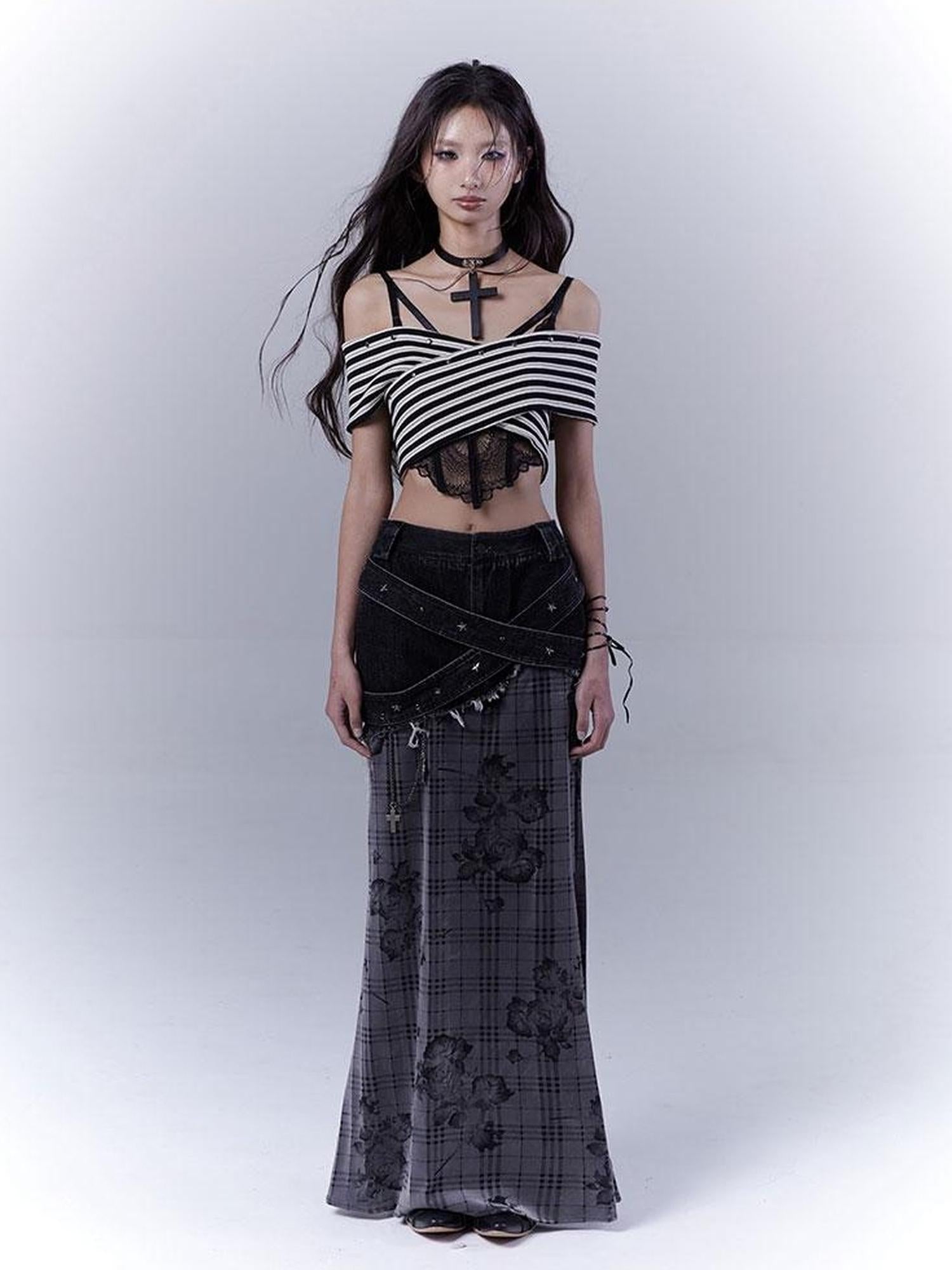 WSW WUSHENWU One Shoulder Grid Bandage Stripe Top