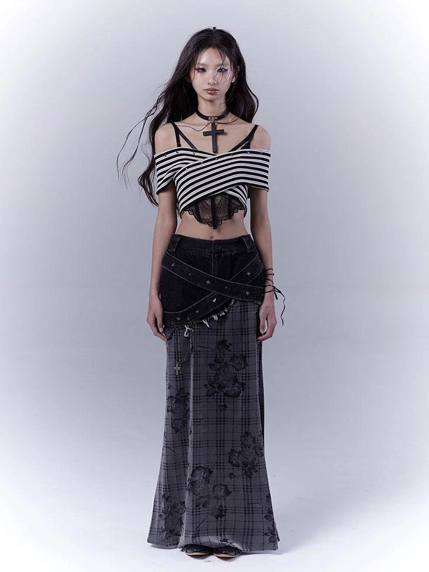 One Shoulder Grid Bandage Stripe Top