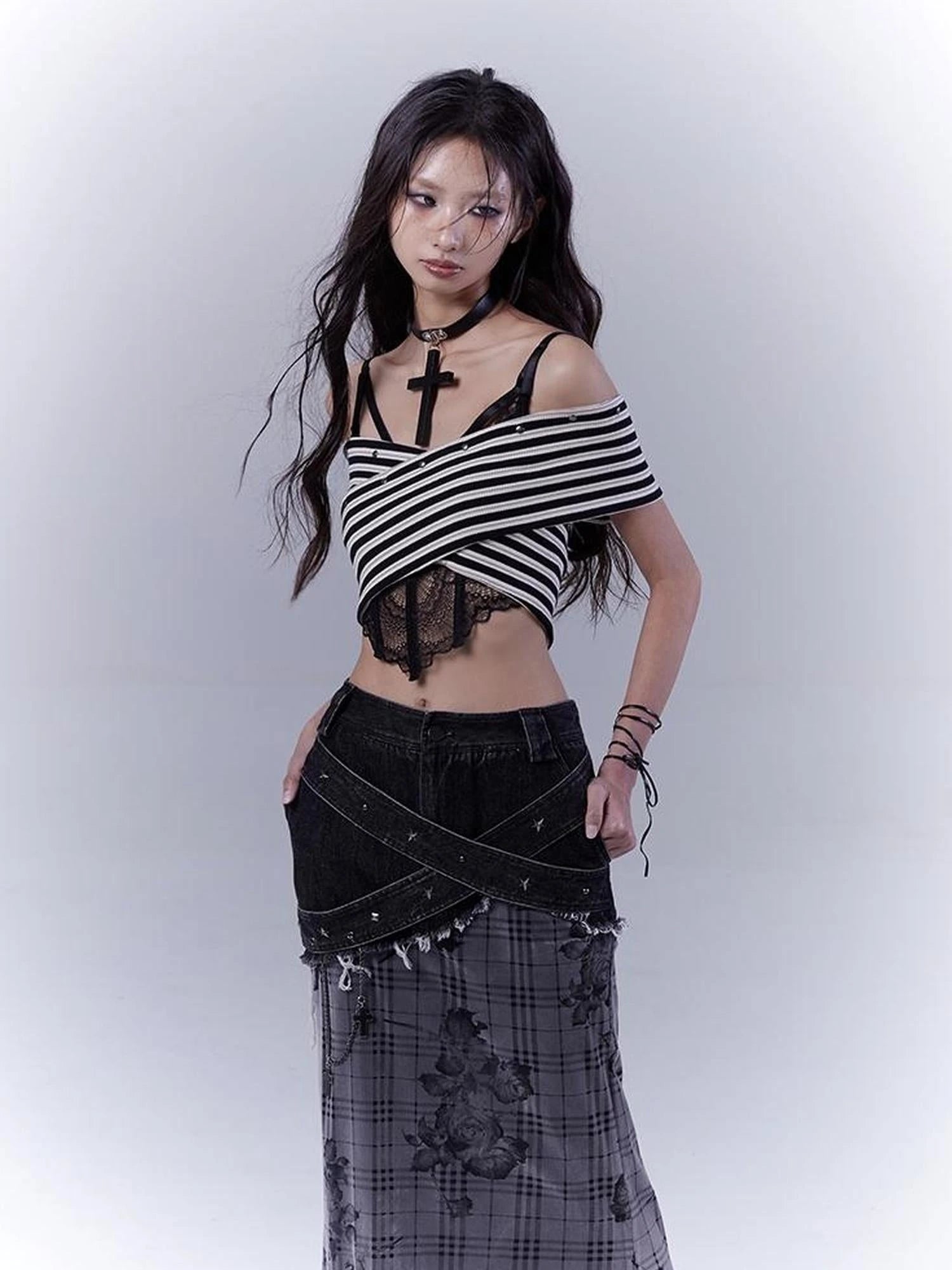 One Shoulder Grid Bandage Stripe Top