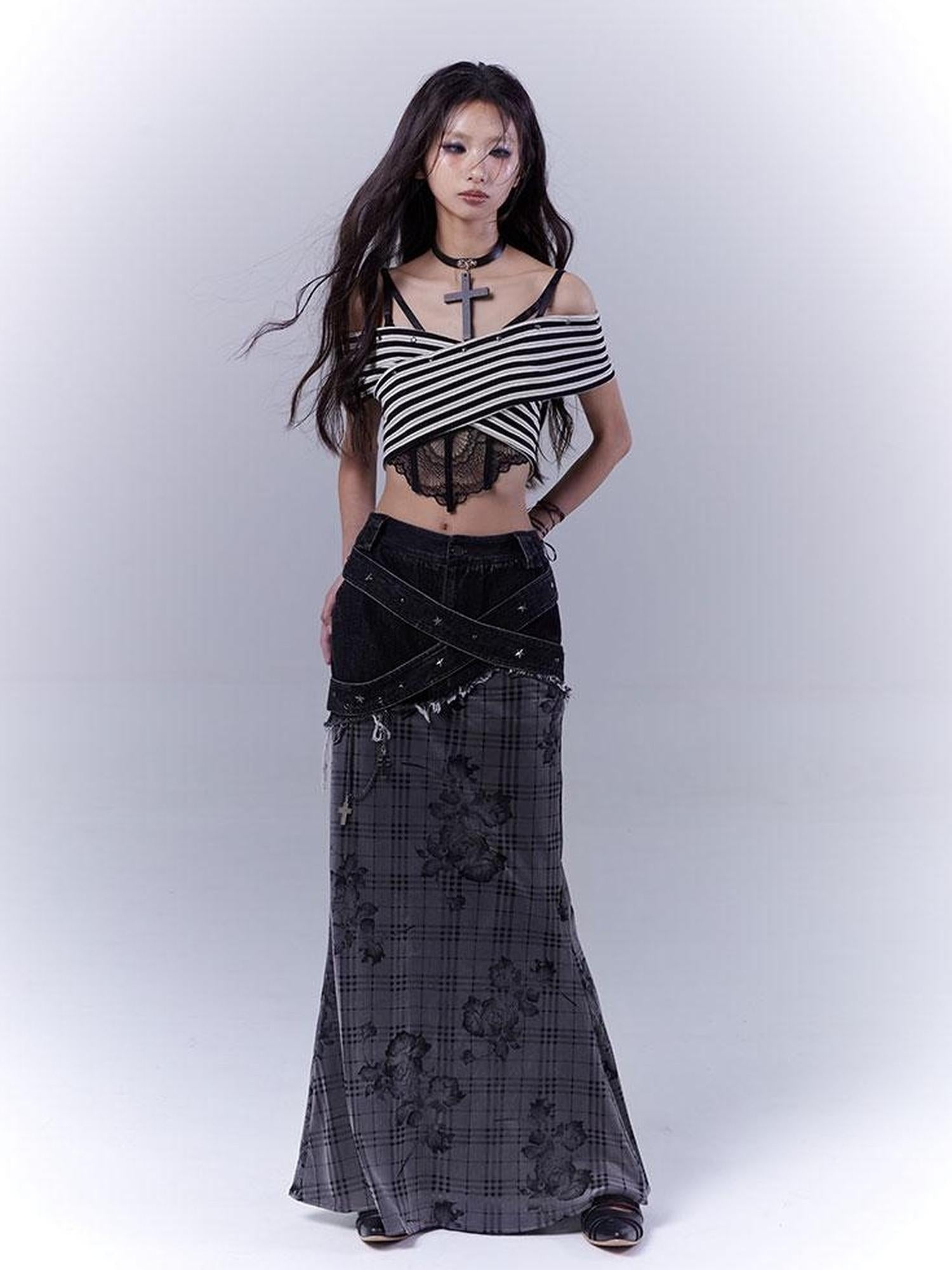 WSW WUSHENWU One Shoulder Grid Bandage Stripe Top