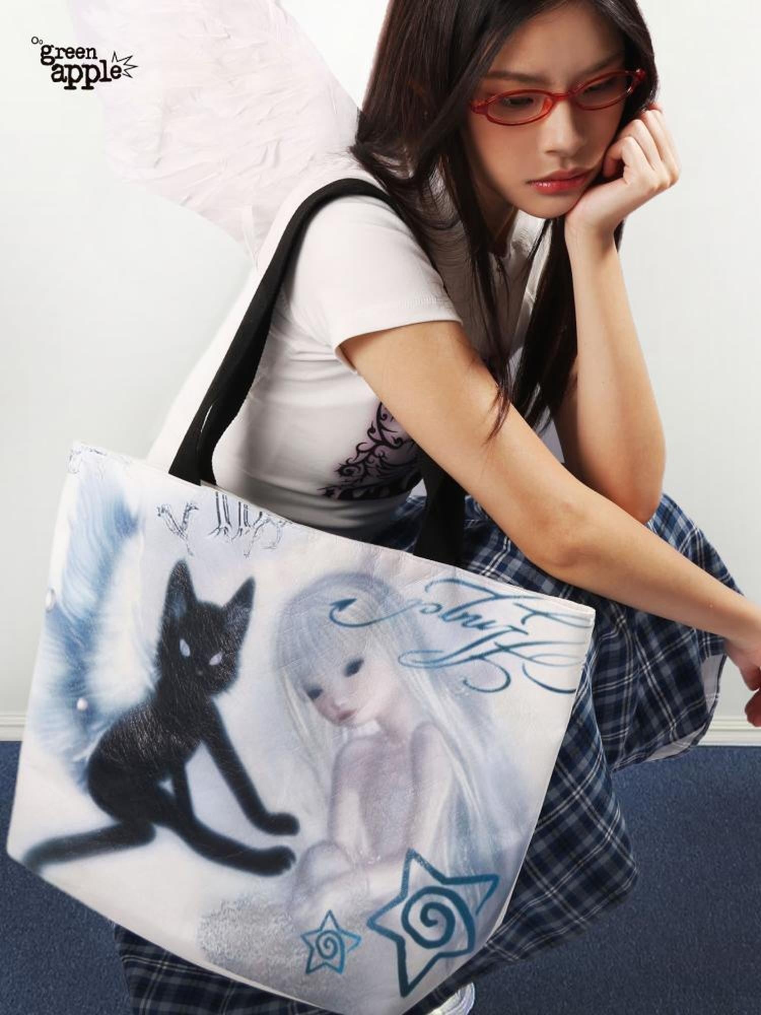 Oogreenapple Angel Cat Print Y2k Highstreet Rectangular Tote Women&