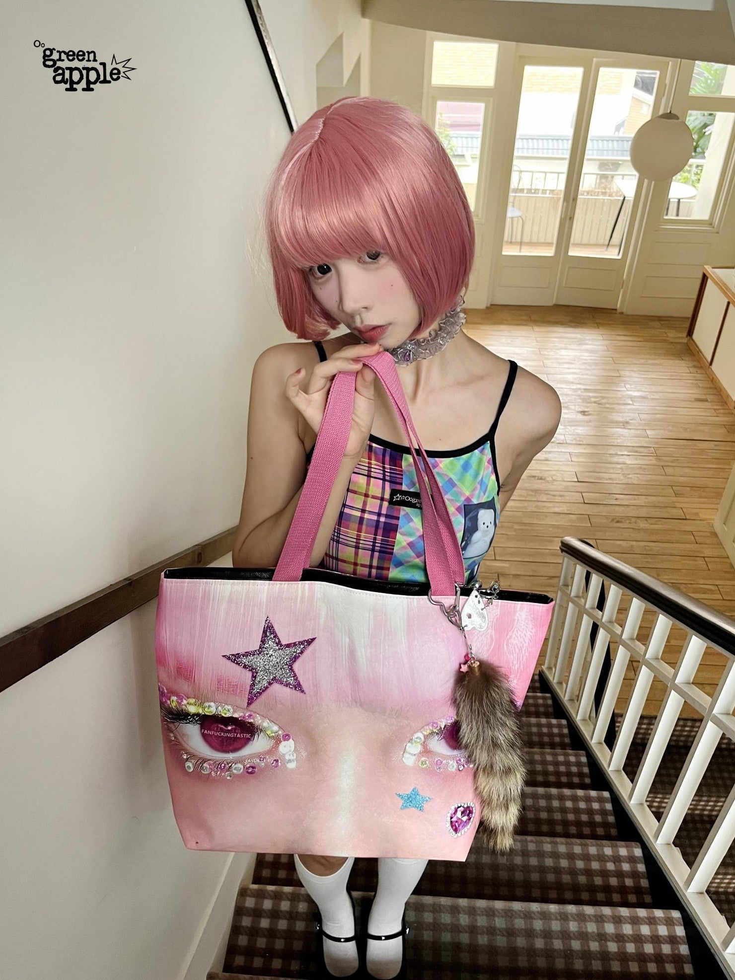 Oogreenapple Big Eye Rhinestone Print Single Strap Tote Women&