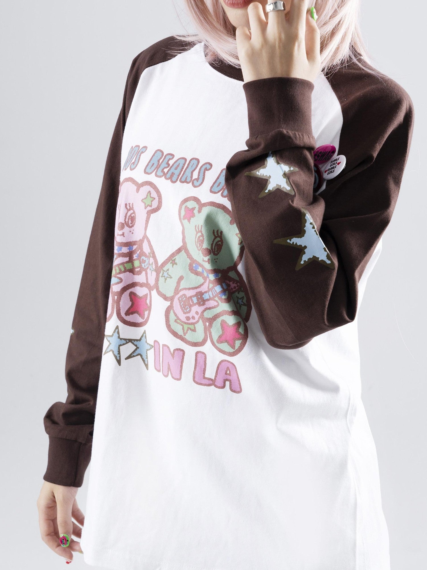 Oogreenapple Cute Hand Drawn Rock Bear Raglan Loose Fit Women&