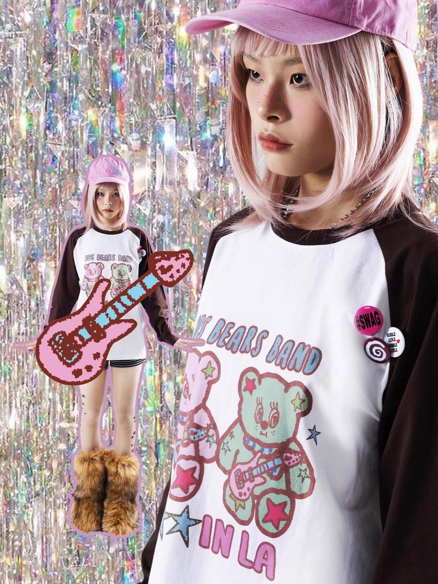 Oogreenapple Cute Hand Drawn Rock Bear Raglan Loose Fit Women&