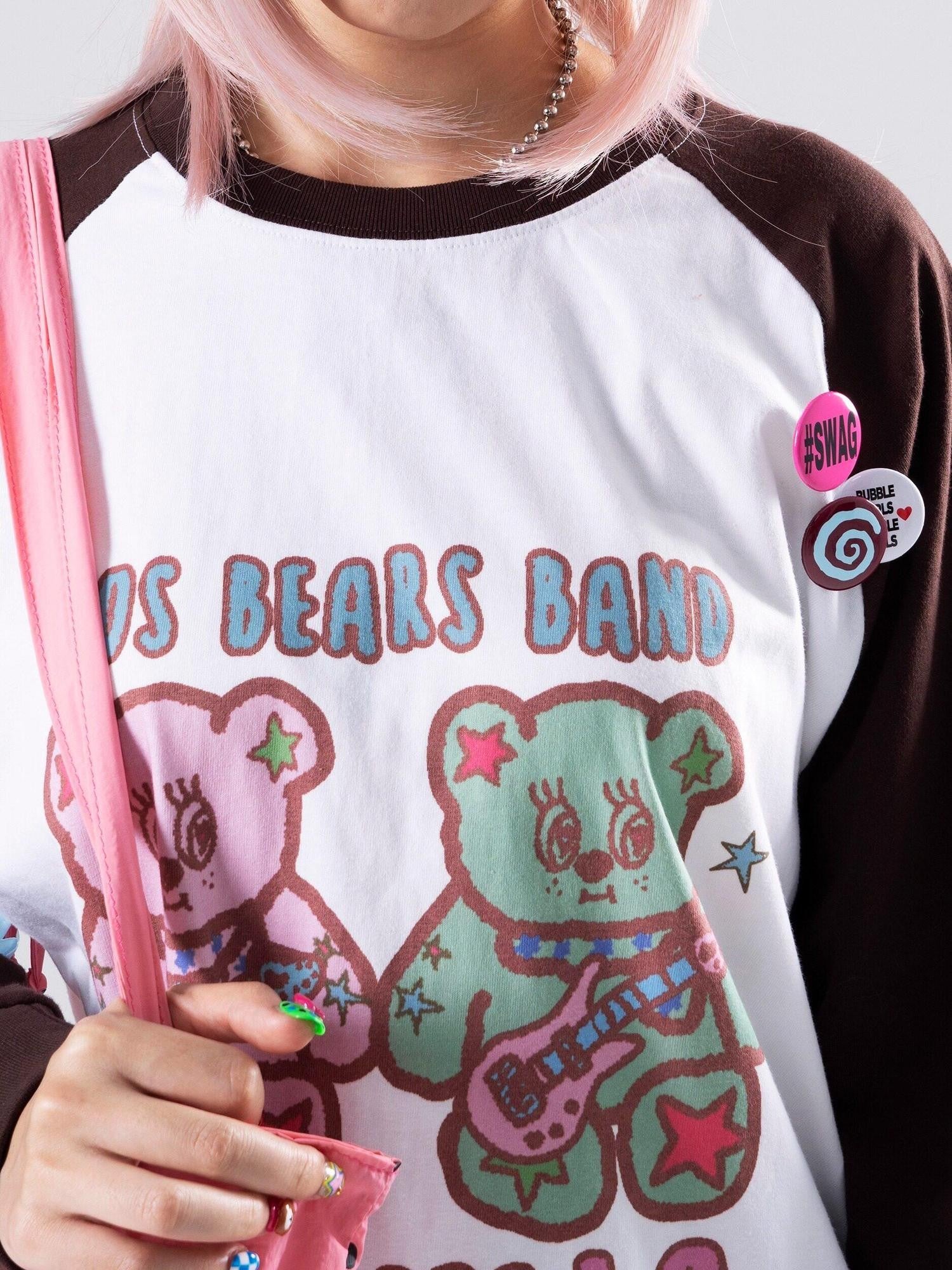 Oogreenapple Cute Hand Drawn Rock Bear Raglan Loose Fit Women&