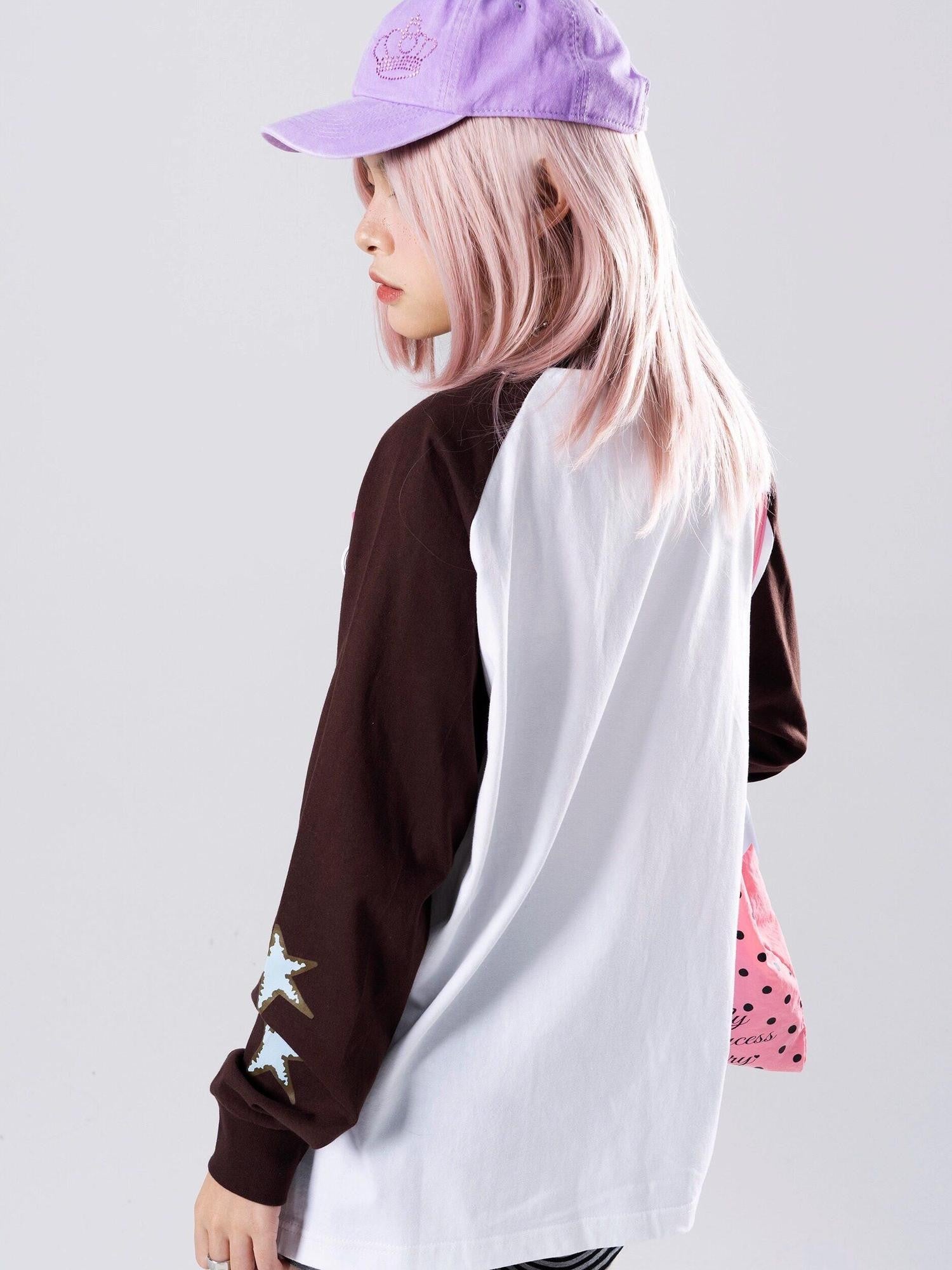 Oogreenapple Cute Hand Drawn Rock Bear Raglan Loose Fit Women&