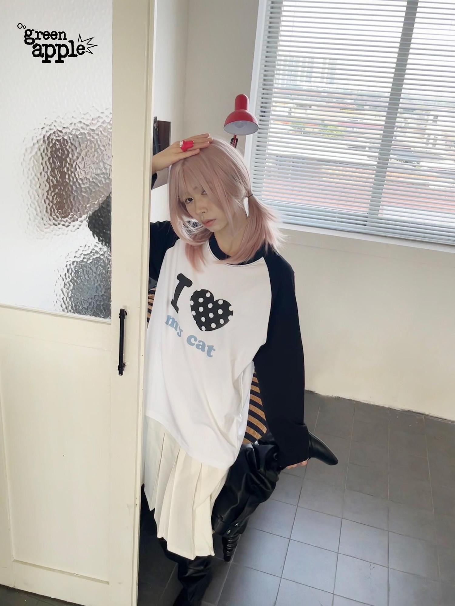 Oogreenapple I Love Bed And Cat Original Print Raglan Sleeve Women&