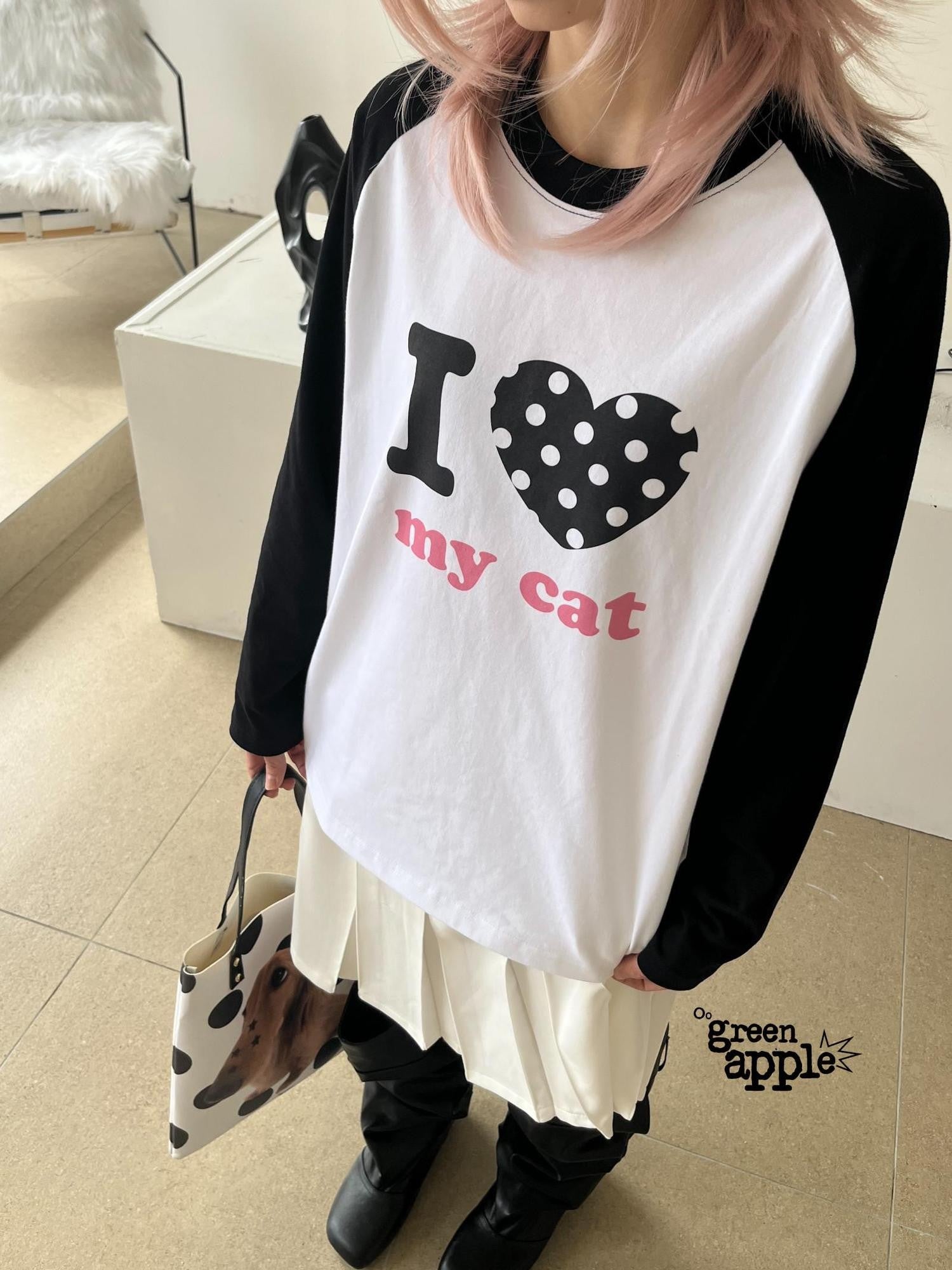 Oogreenapple I Love Bed And Cat Original Print Raglan Sleeve Women&