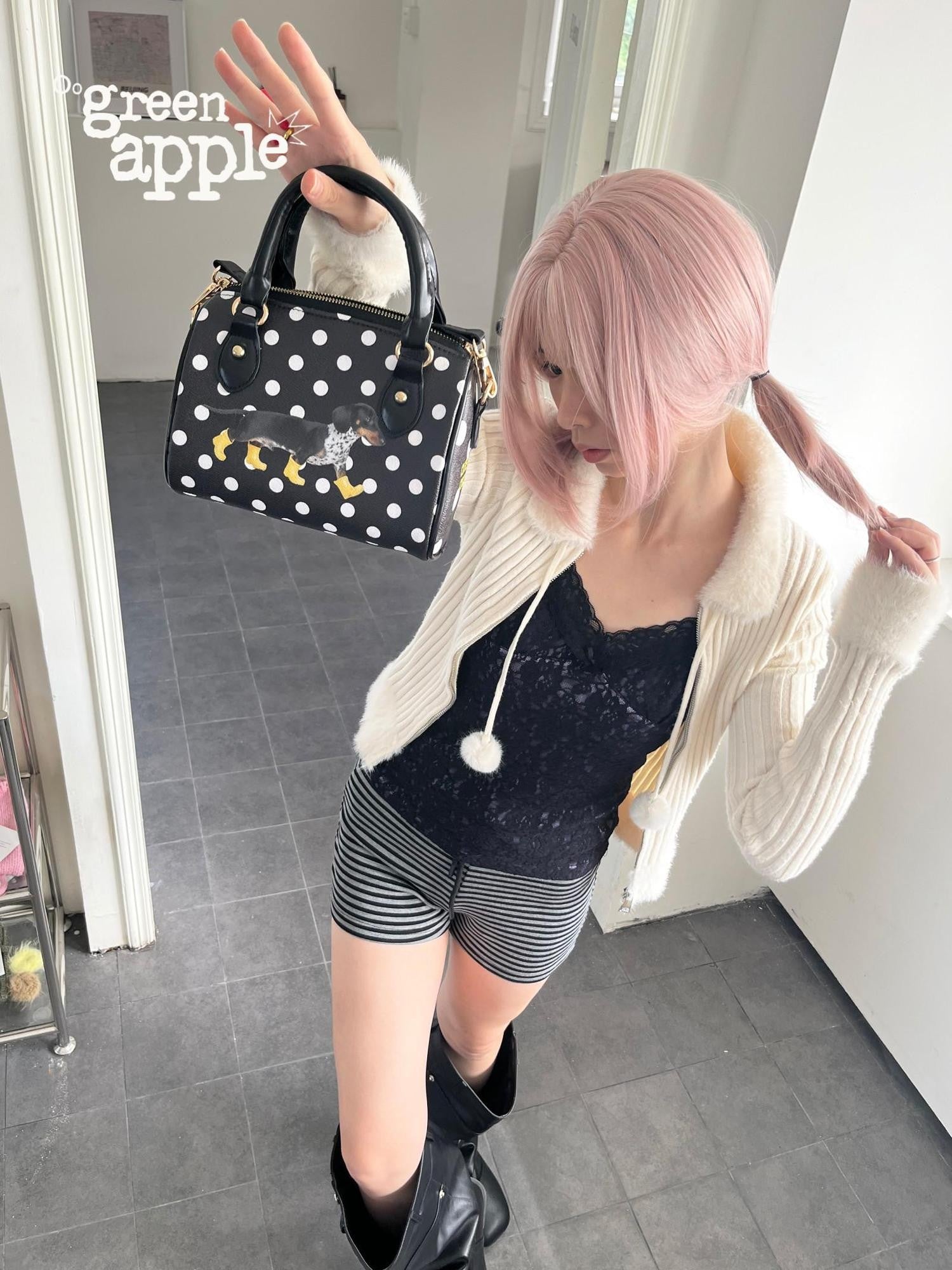 Oogreenapple Polka Dot Dachshund Print Pillow Crossbody Tote Women&