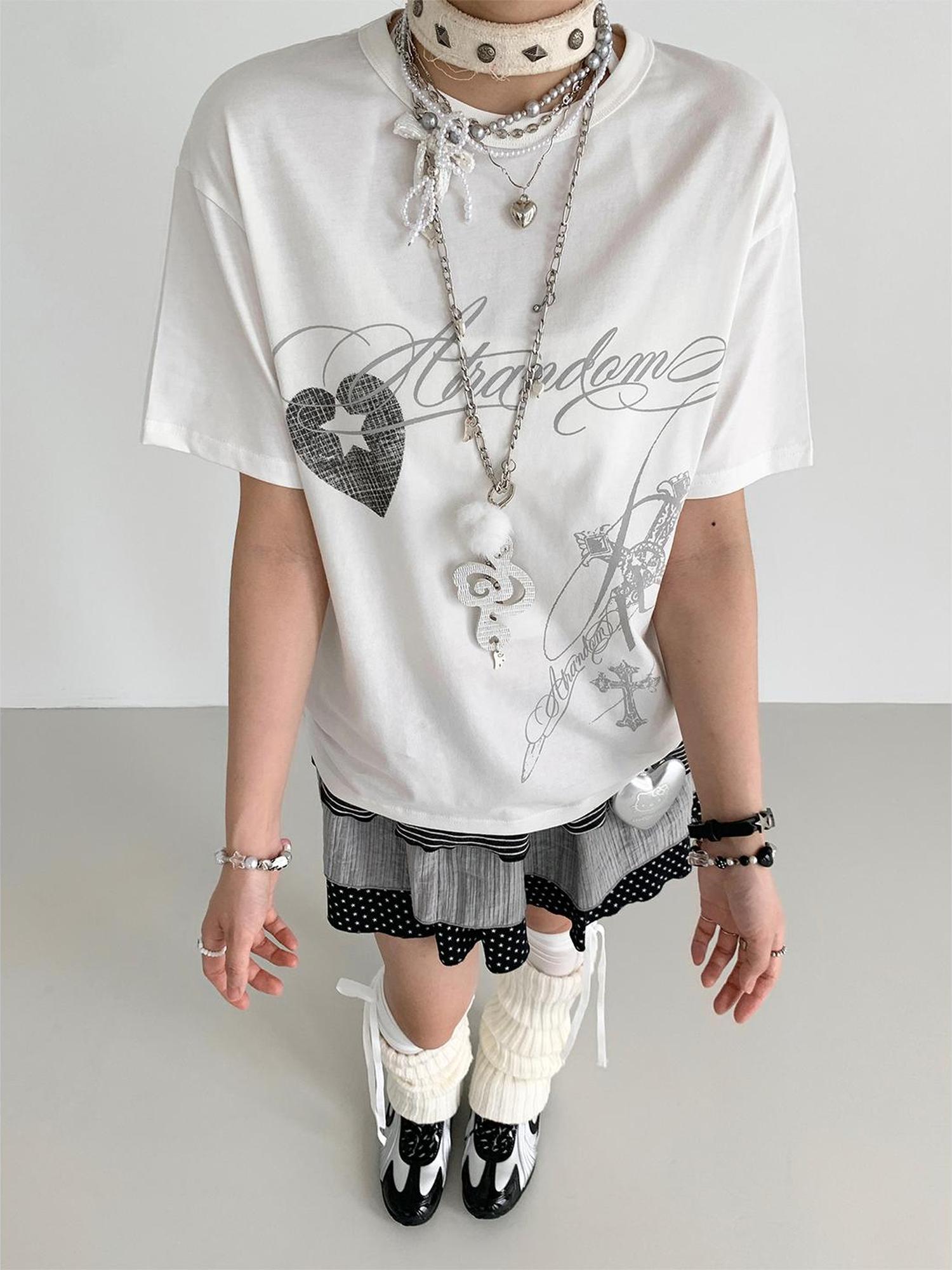 atrandom Original Hollow Mirror Print Loose Fit Black White T-Shirt