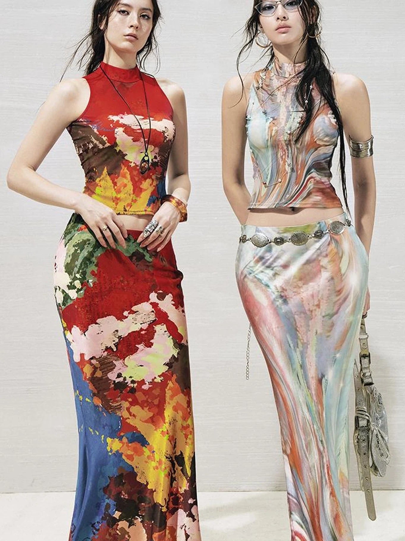 Original Nature Art Print Vest Bias-Cut Skirt Set 2Pcs