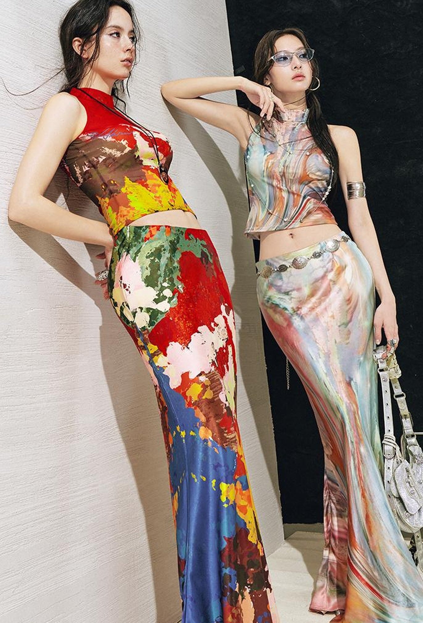 OfAkiva Original Nature Art Print Vest Bias-Cut Skirt Set 2Pcs