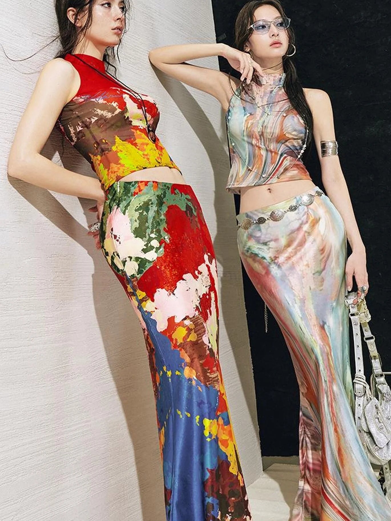 Original Nature Art Print Vest Bias-Cut Skirt Set 2Pcs