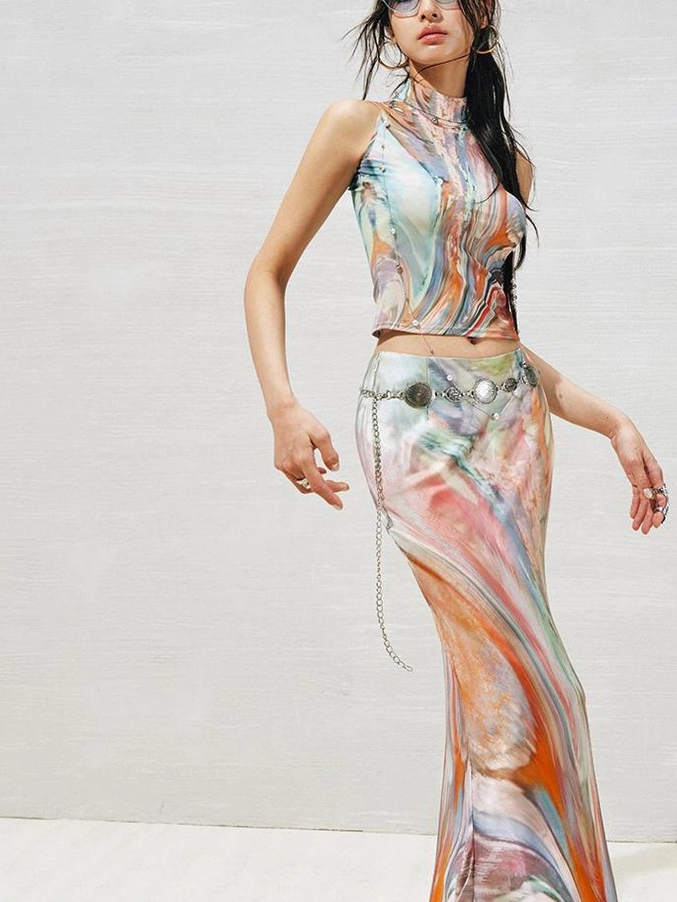 Original Nature Art Print Vest Bias-Cut Skirt Set 2Pcs