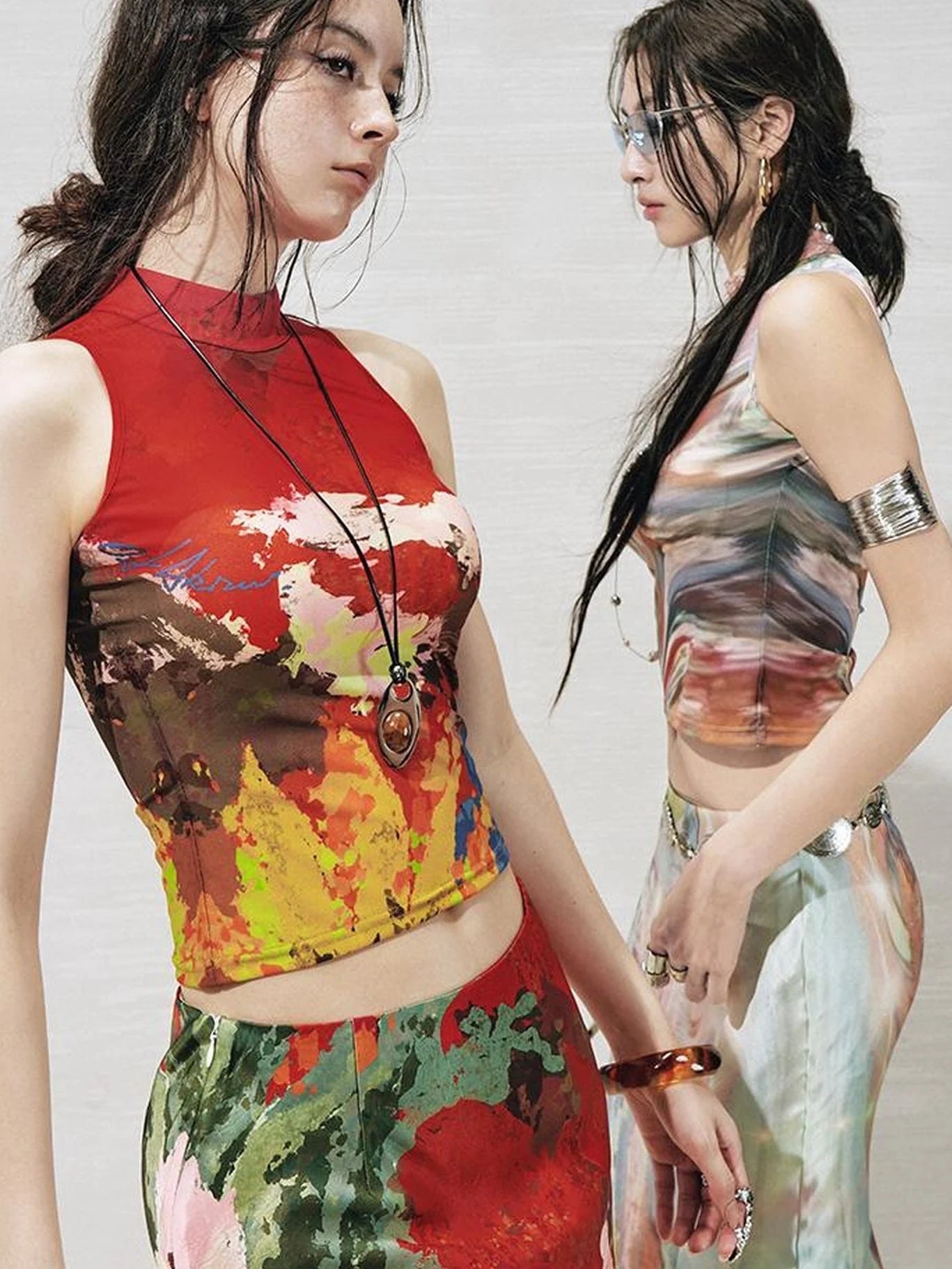 Original Nature Art Print Vest Bias-Cut Skirt Set 2Pcs