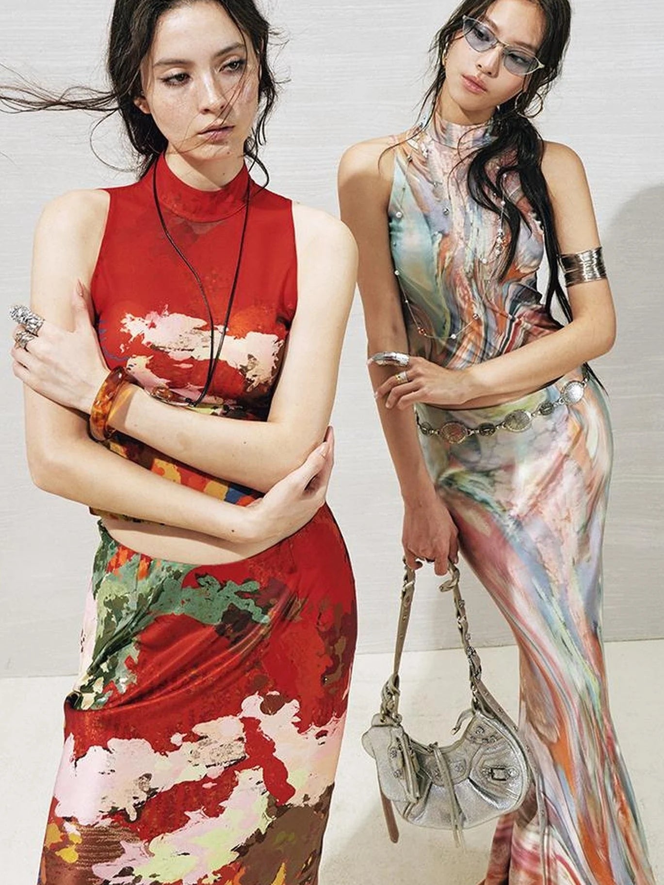 Original Nature Art Print Vest Bias-Cut Skirt Set 2Pcs