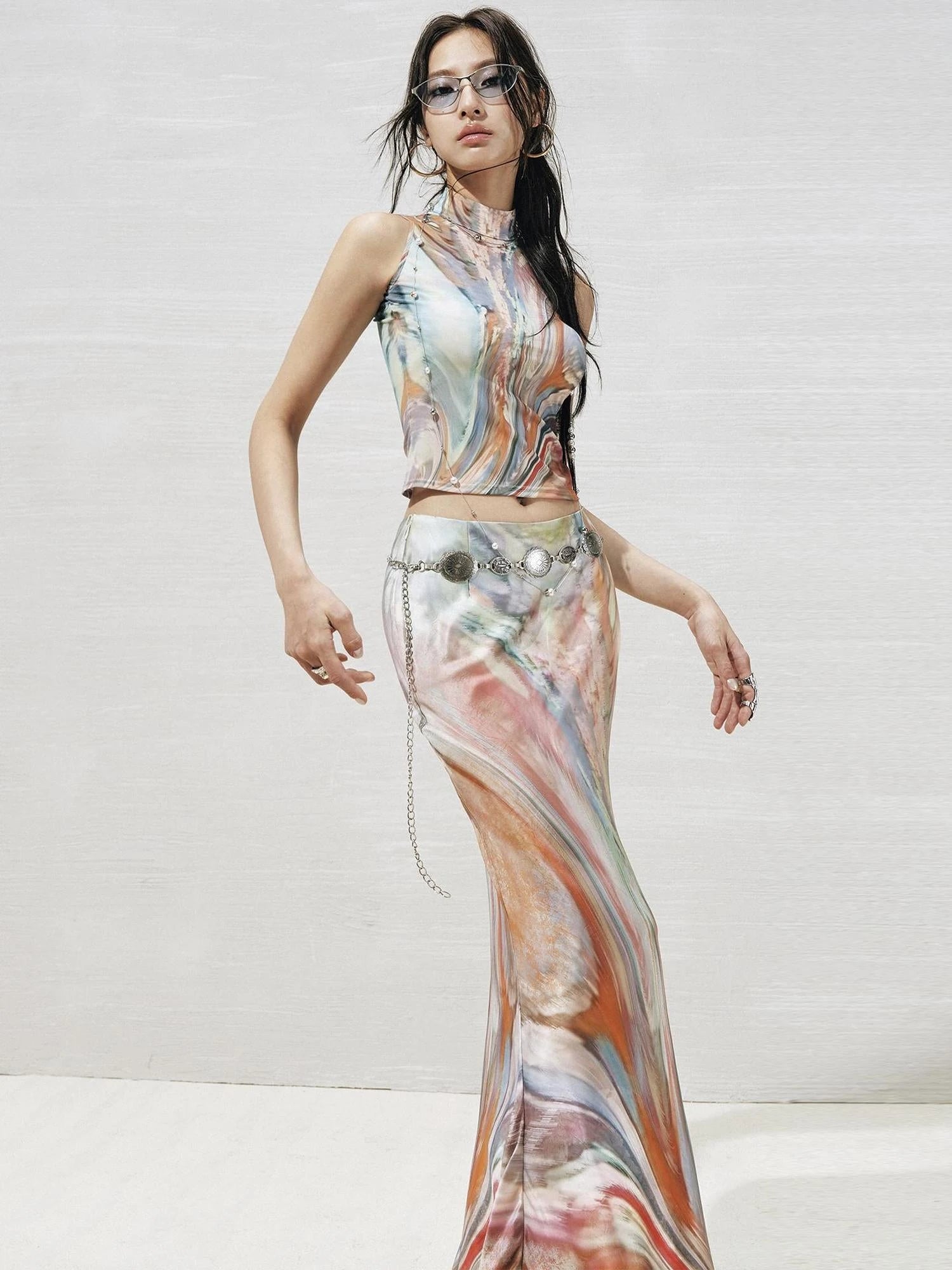 Original Nature Art Print Vest Bias-Cut Skirt Set 2Pcs