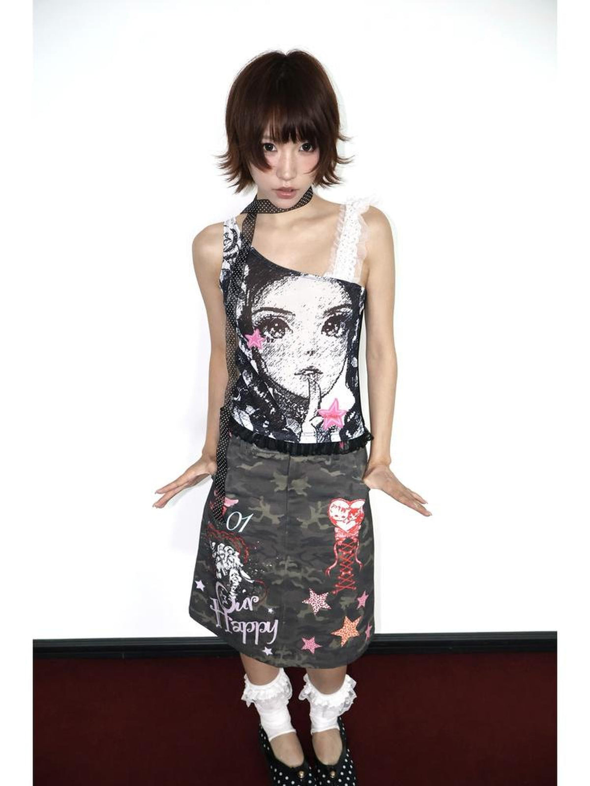 OurHappy Asymmetrical Lace Mesh Printed Slanted Shoulder Women&