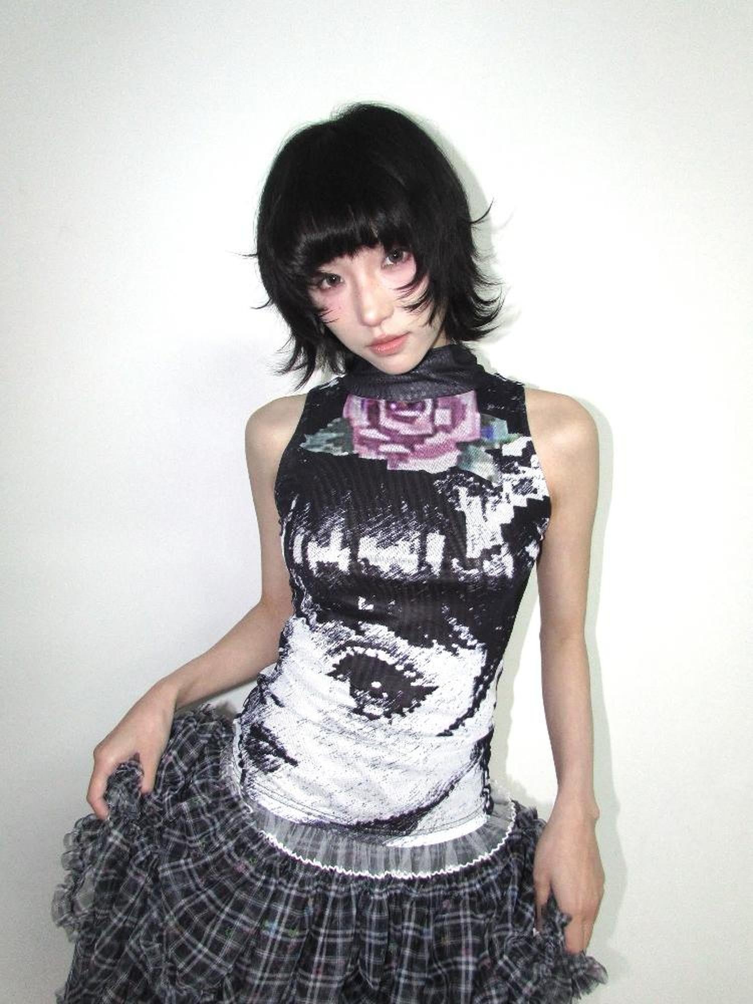 OurHappy Black White Manga Print Double Layer Mesh Mock Neck Women&