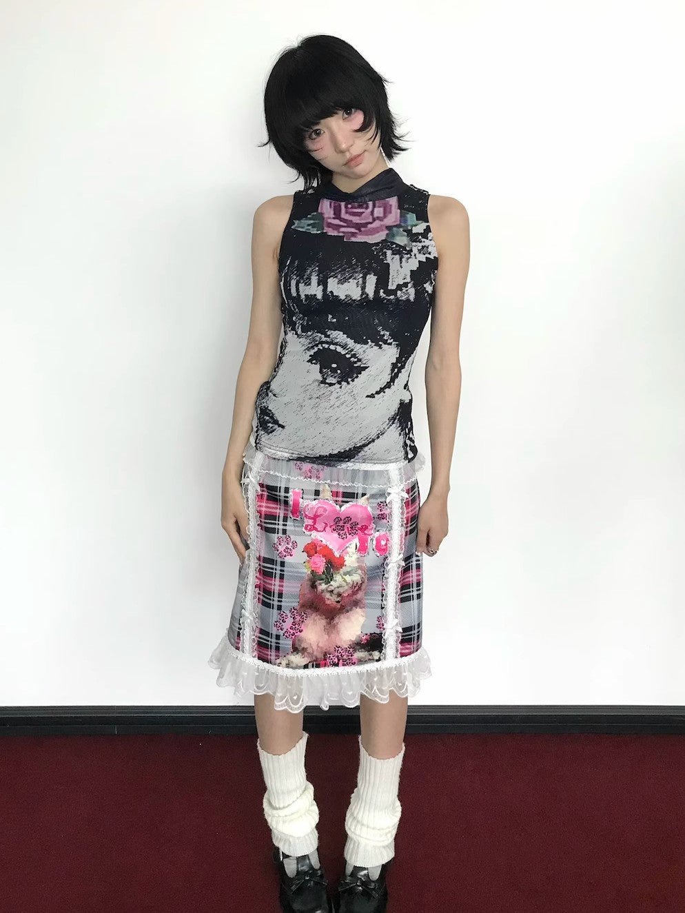 OurHappy Black White Manga Print Double Layer Mesh Mock Neck Women&