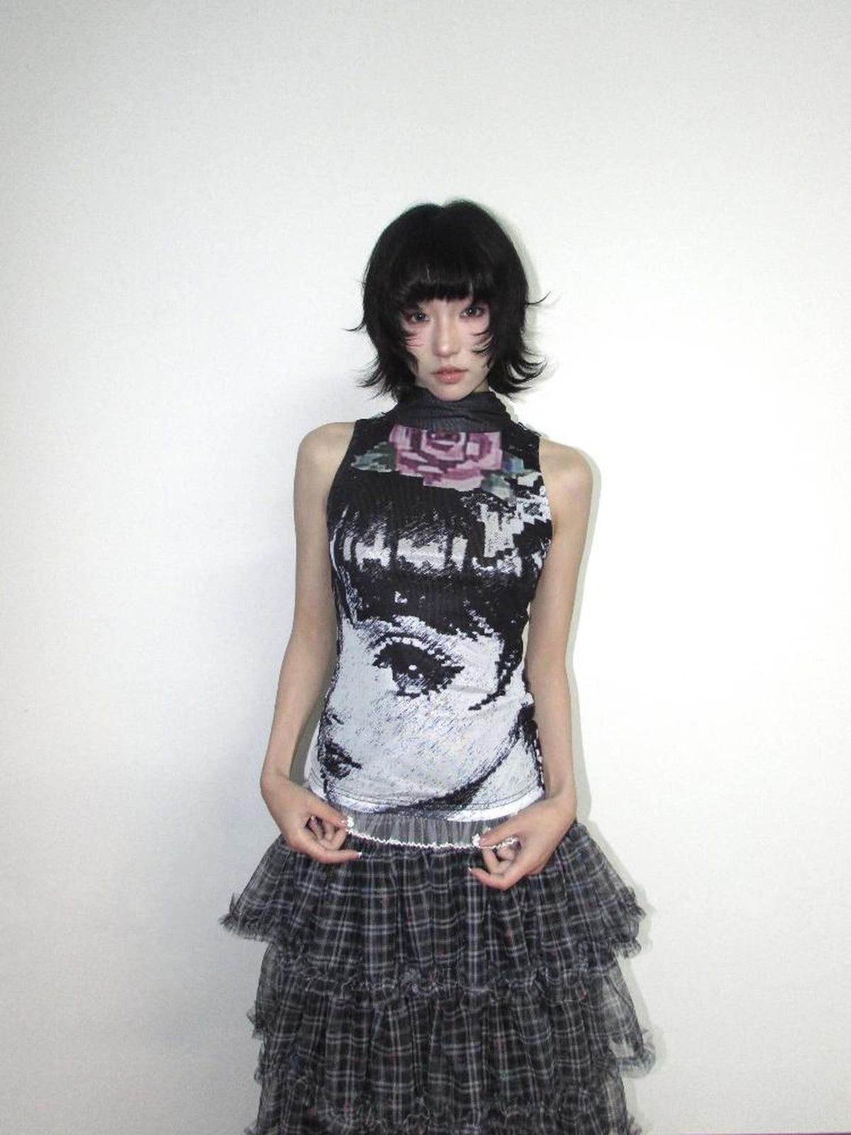 OurHappy Black White Manga Print Double Layer Mesh Mock Neck Women&