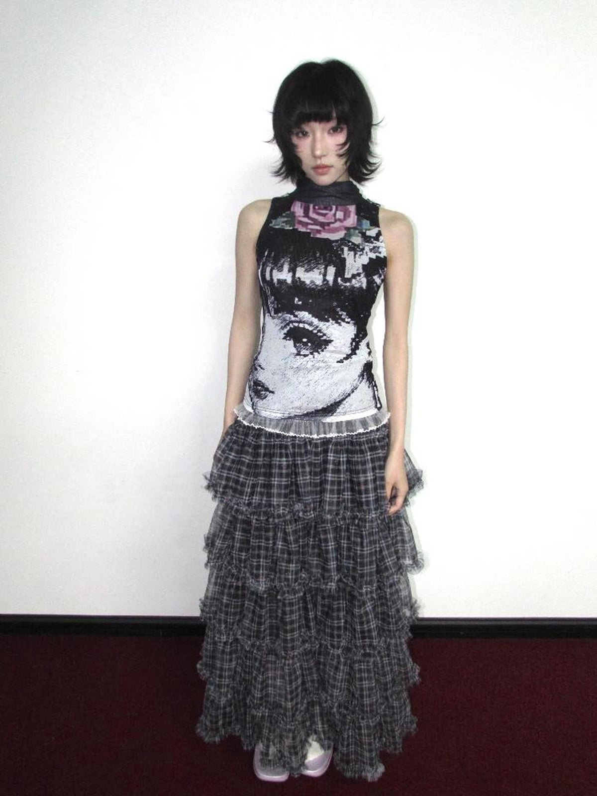 OurHappy Black White Manga Print Double Layer Mesh Mock Neck Women&
