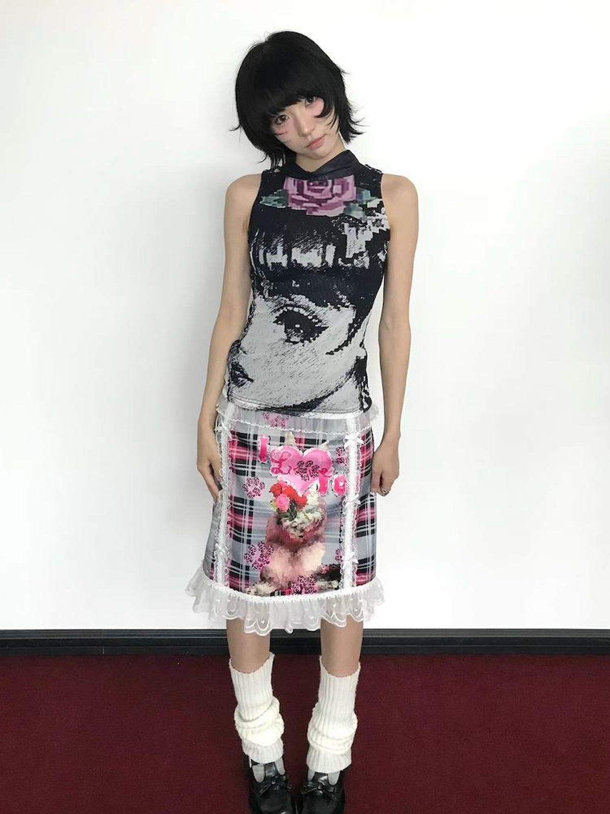 OurHappy Black White Manga Print Double Layer Mesh Mock Neck Women&