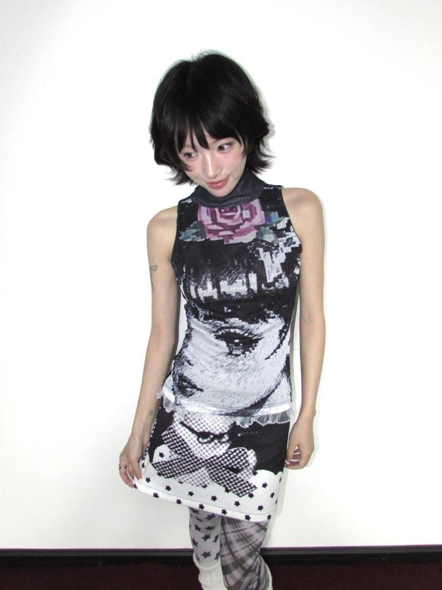 OurHappy Black White Manga Print Double Layer Mesh Mock Neck Women&