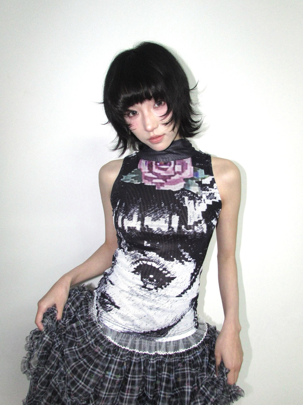 OurHappy Black White Manga Print Double Layer Mesh Mock Neck Women&