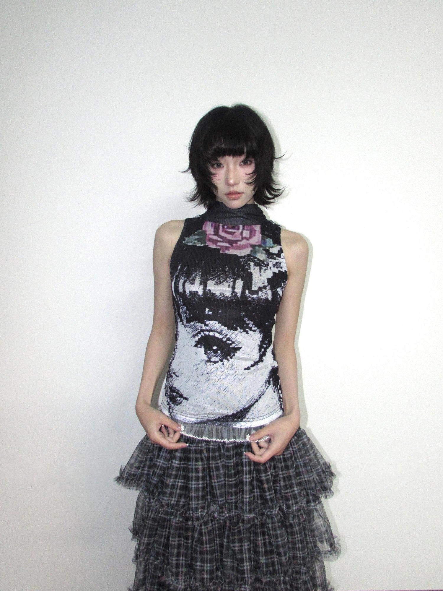 OurHappy Black White Manga Print Double Layer Mesh Mock Neck Women&