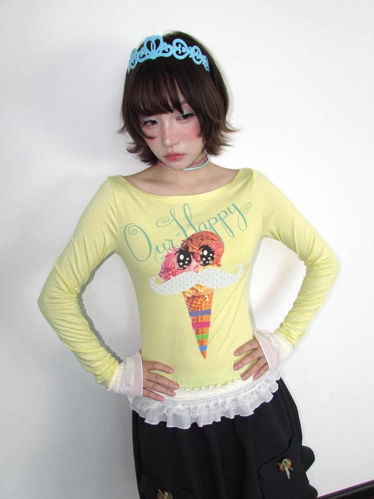 OurHappy Candy Color Printed Lace Boat Neck Slim Fit Women&