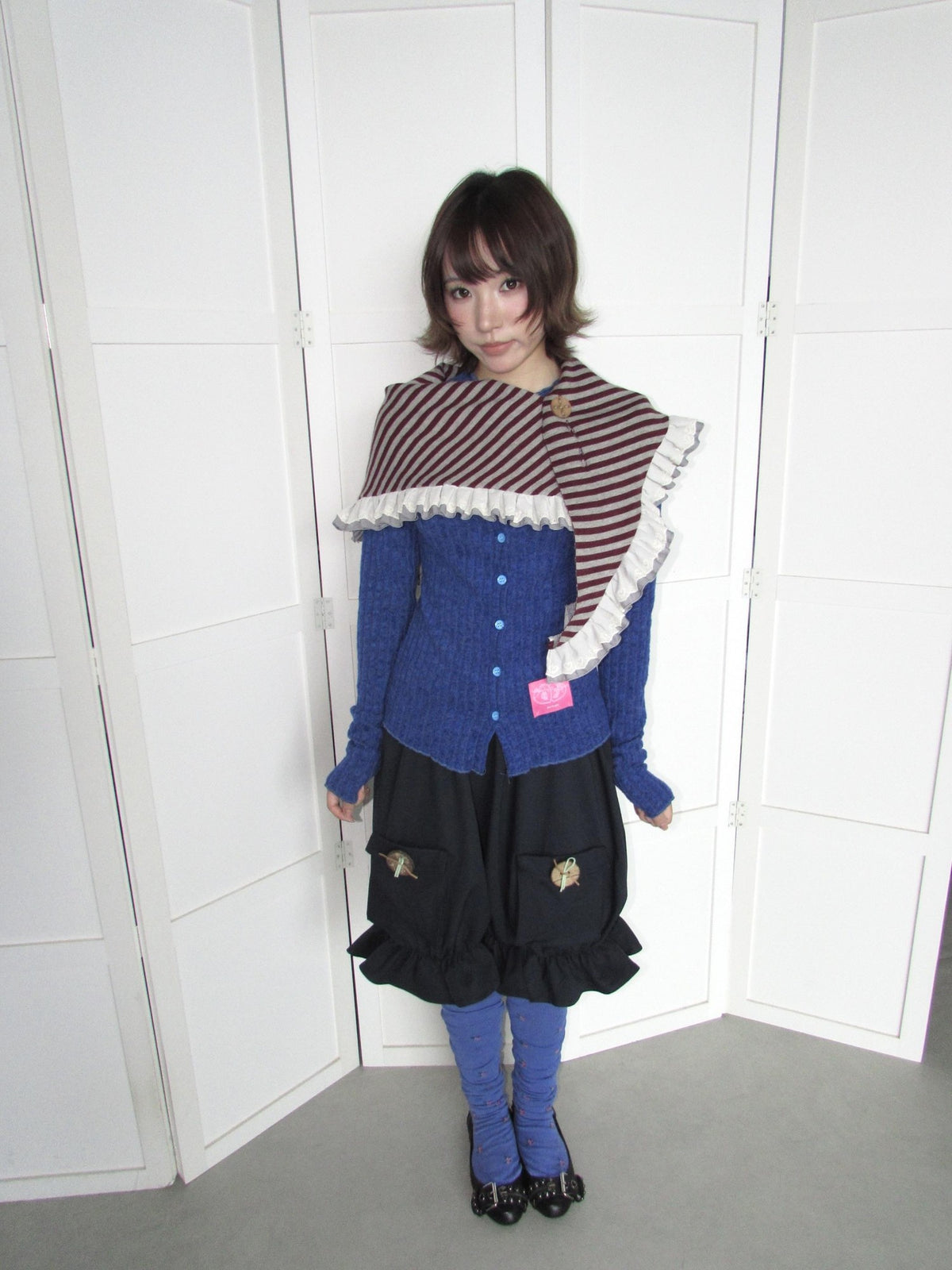OurHappy Candy Color Ribbed Knit Ruffle Button Down Women&