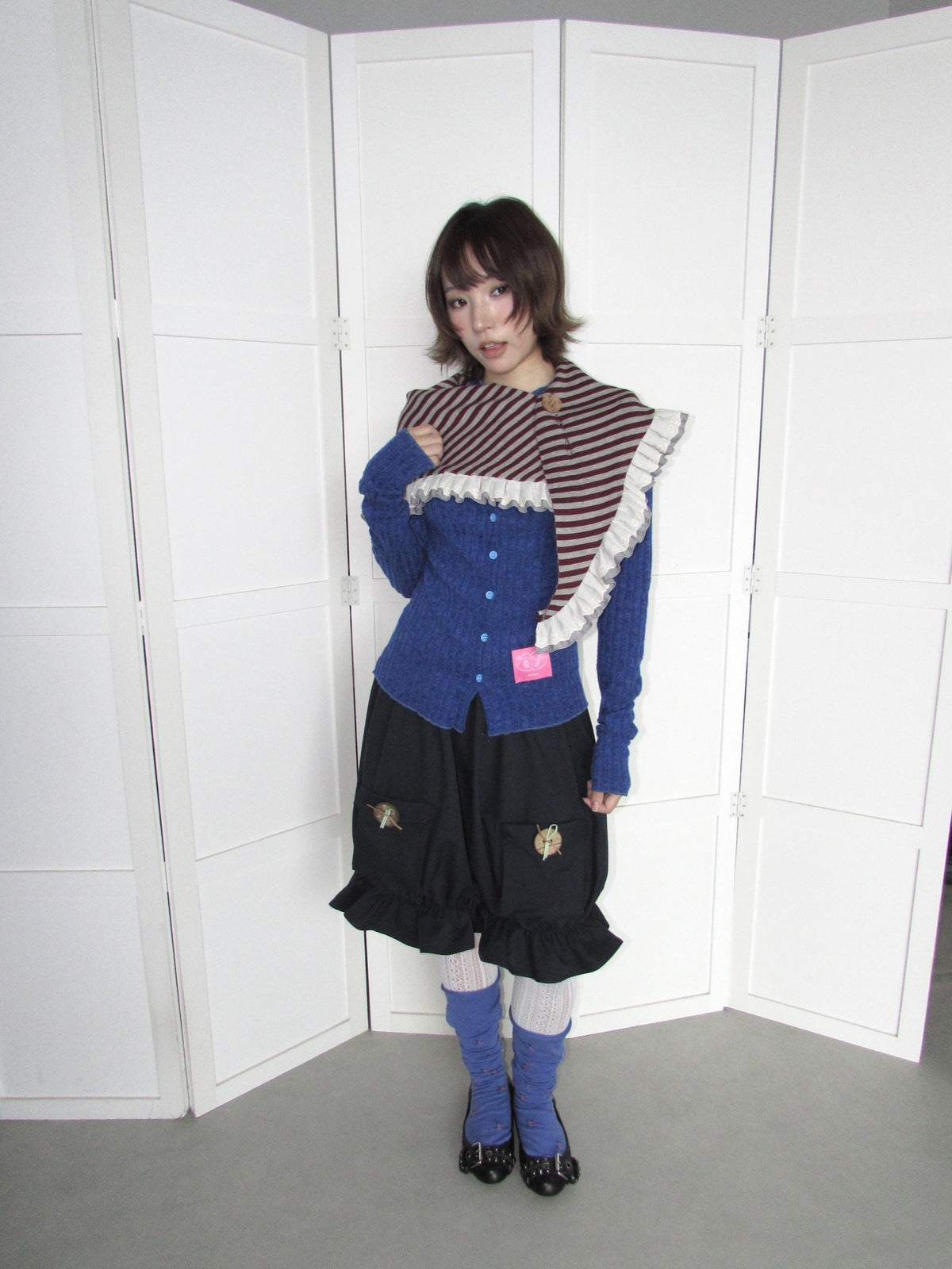 OurHappy Candy Color Ribbed Knit Ruffle Button Down Women&