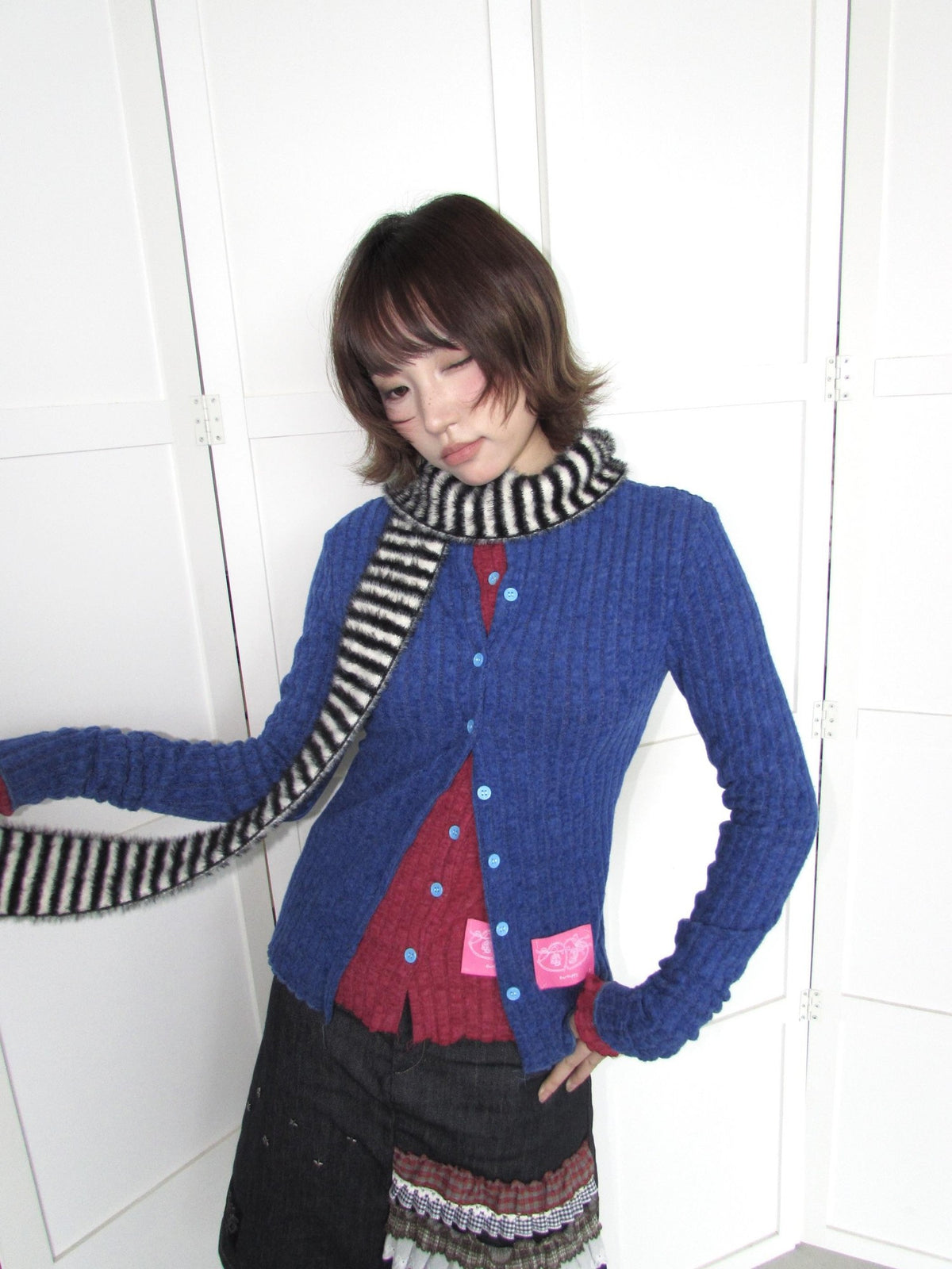 OurHappy Candy Color Ribbed Knit Ruffle Button Down Women&