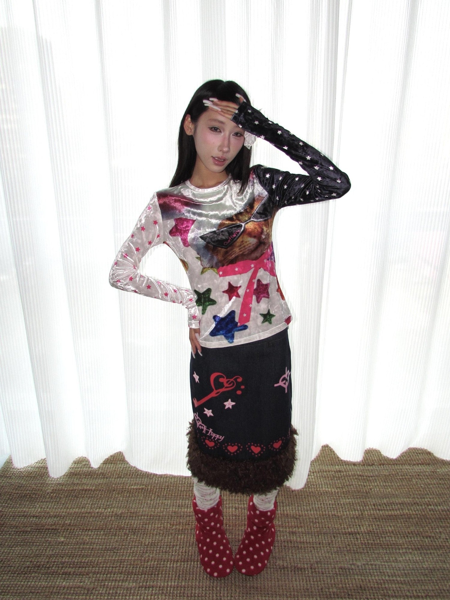 OurHappy Cat Print Patchwork Waisted Women&