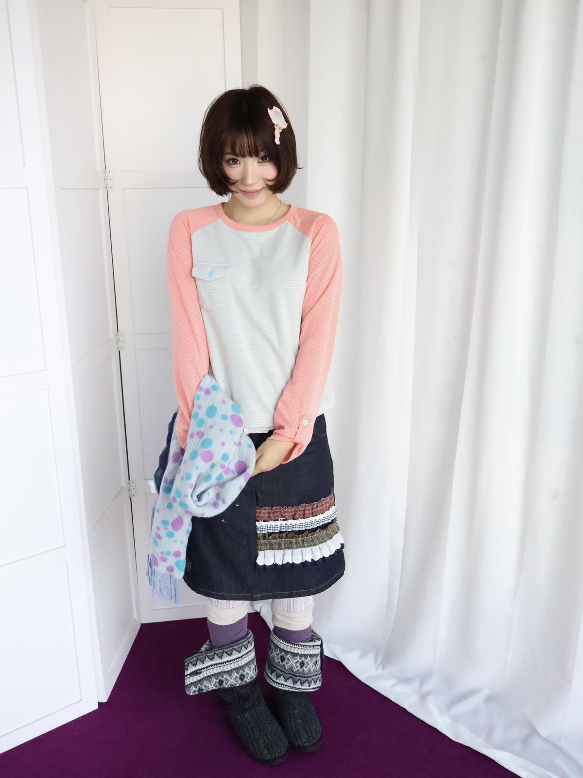 OurHappy Dot Striped Spliced Raglan Pocket Women&