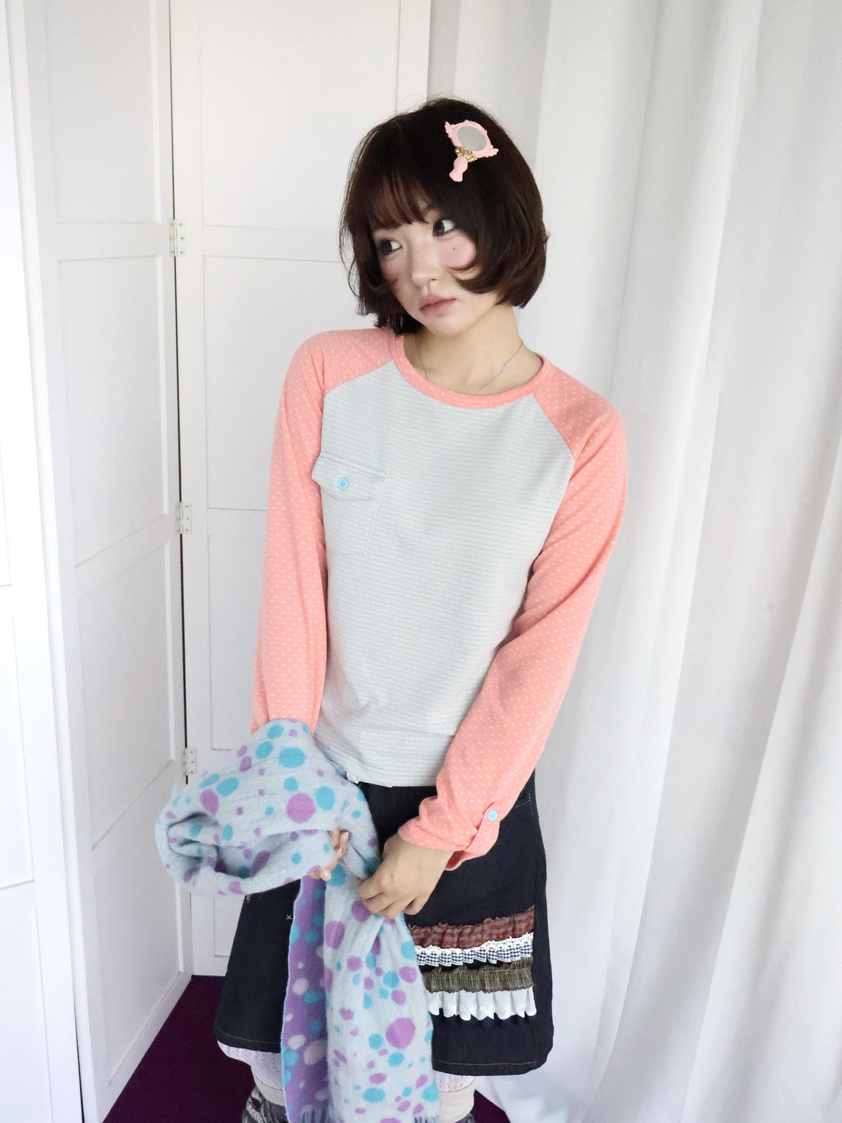 OurHappy Dot Striped Spliced Raglan Pocket Women&