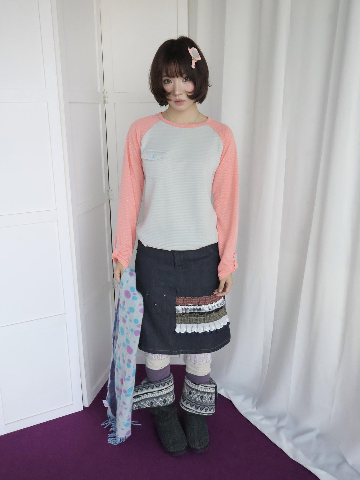 OurHappy Dot Striped Spliced Raglan Pocket Women&